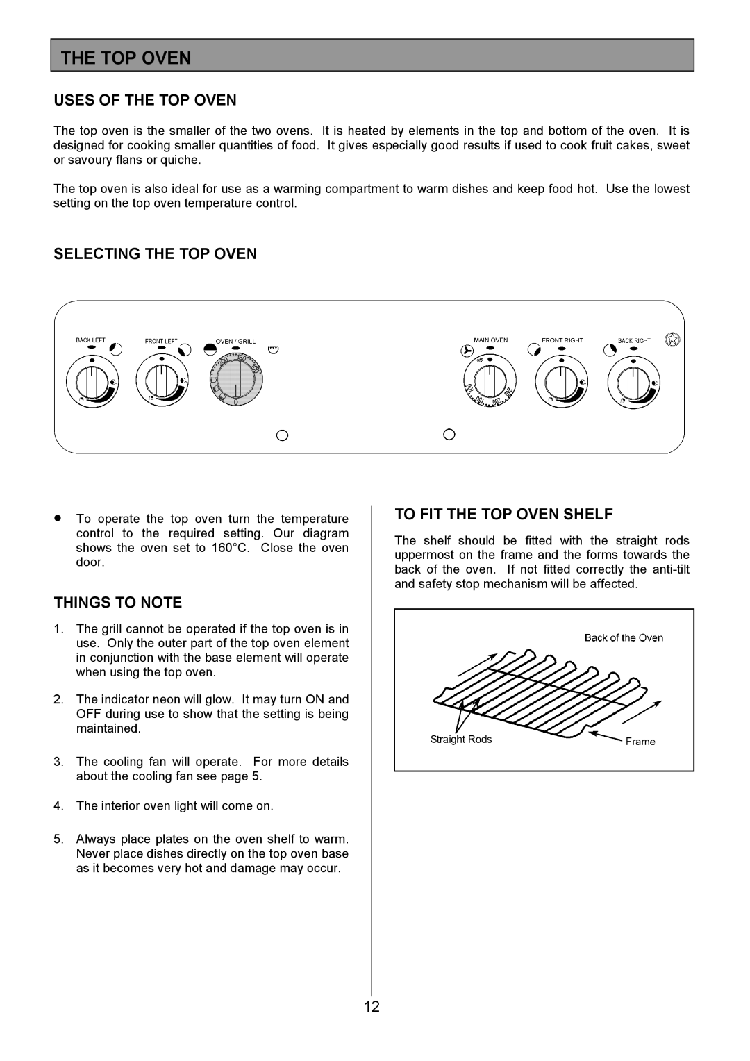 Electrolux CSM 559 installation instructions Uses of the TOP Oven, Selecting the TOP Oven, To FIT the TOP Oven Shelf 