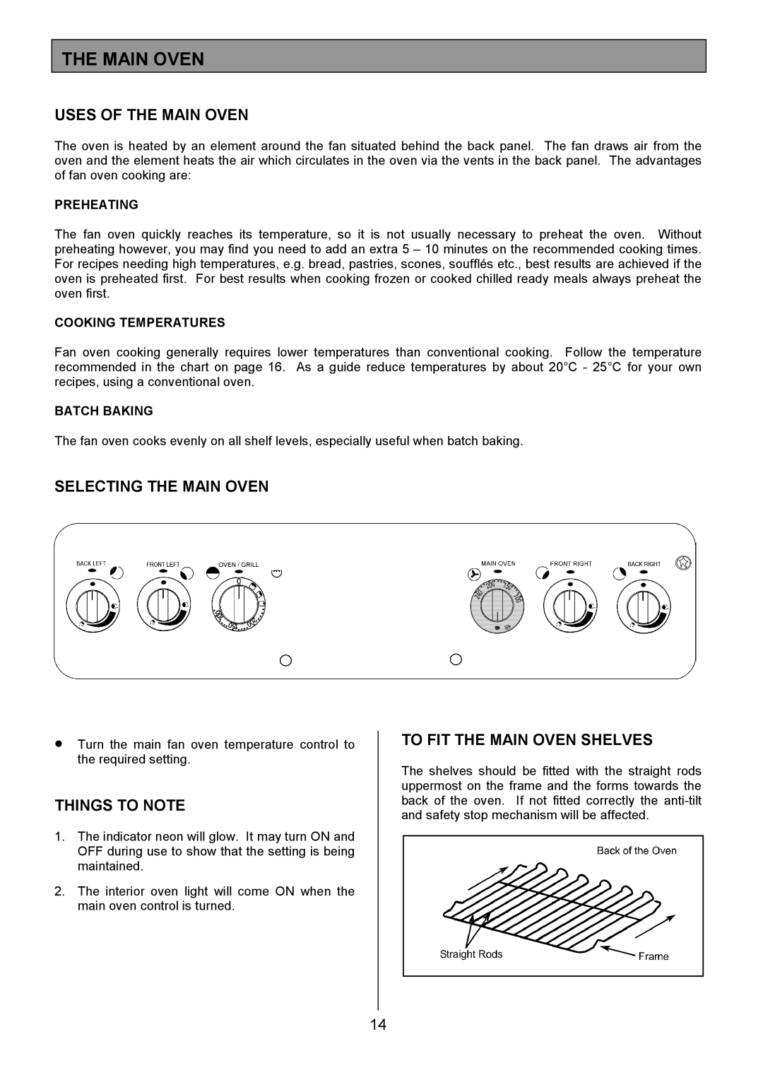 Electrolux CSM 559 Uses of the Main Oven, Selecting the Main Oven, To FIT the Main Oven Shelves 