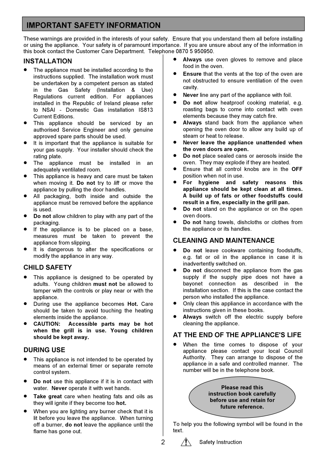 Electrolux CSM 559 installation instructions Important Safety Information 