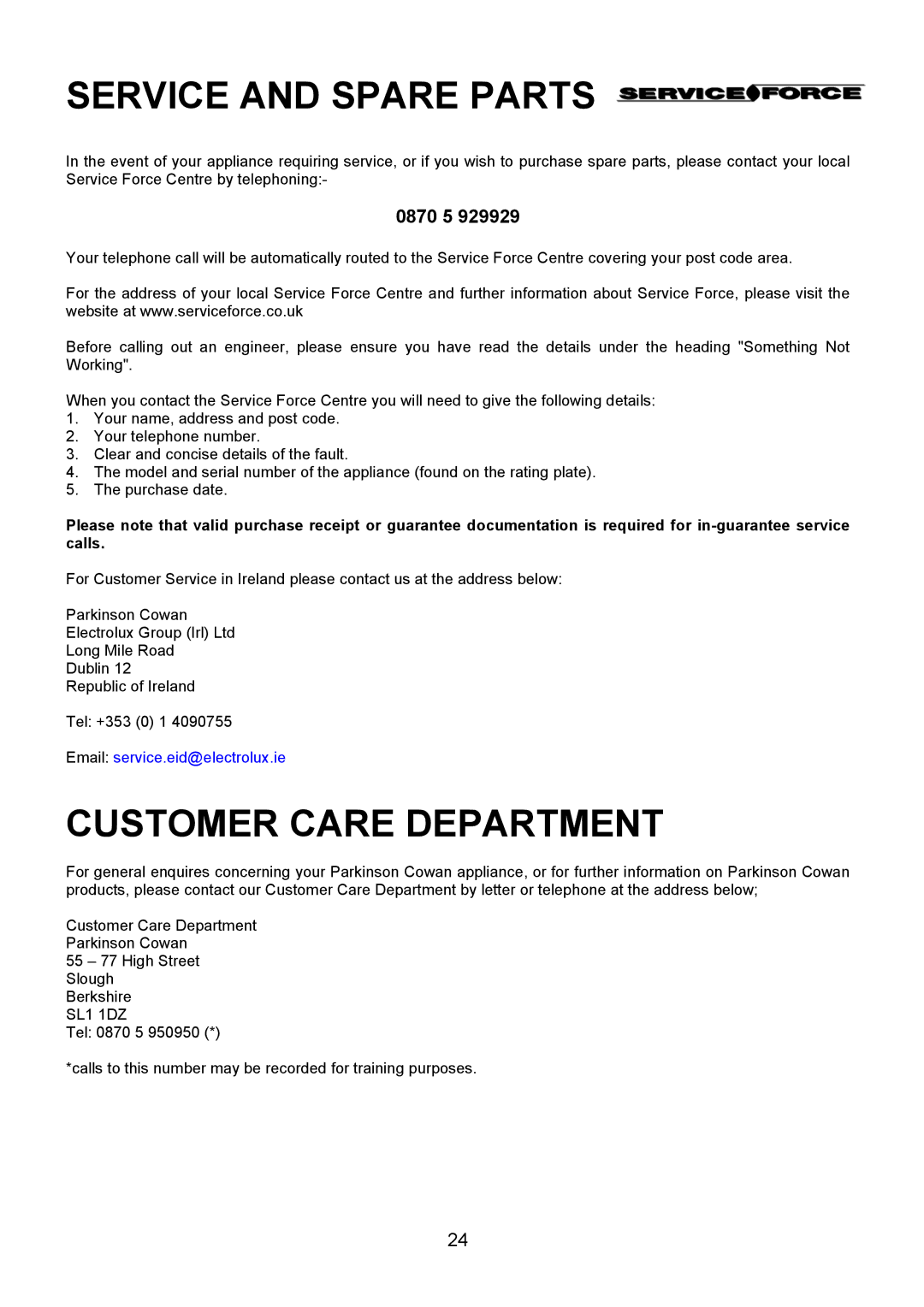 Electrolux CSM 559 installation instructions Service and Spare Parts 