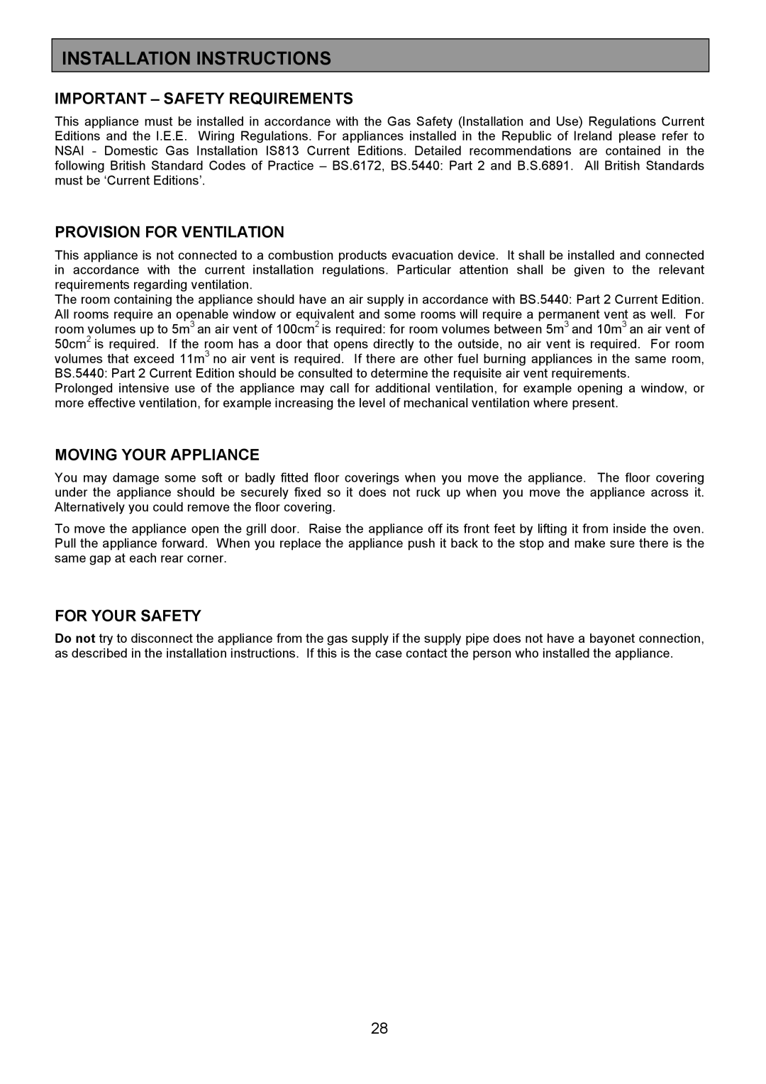 Electrolux CSM 559 Important Safety Requirements, Provision for Ventilation, Moving Your Appliance 