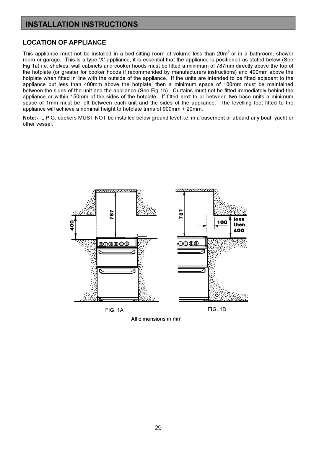 Electrolux CSM 559 installation instructions Location of Appliance 