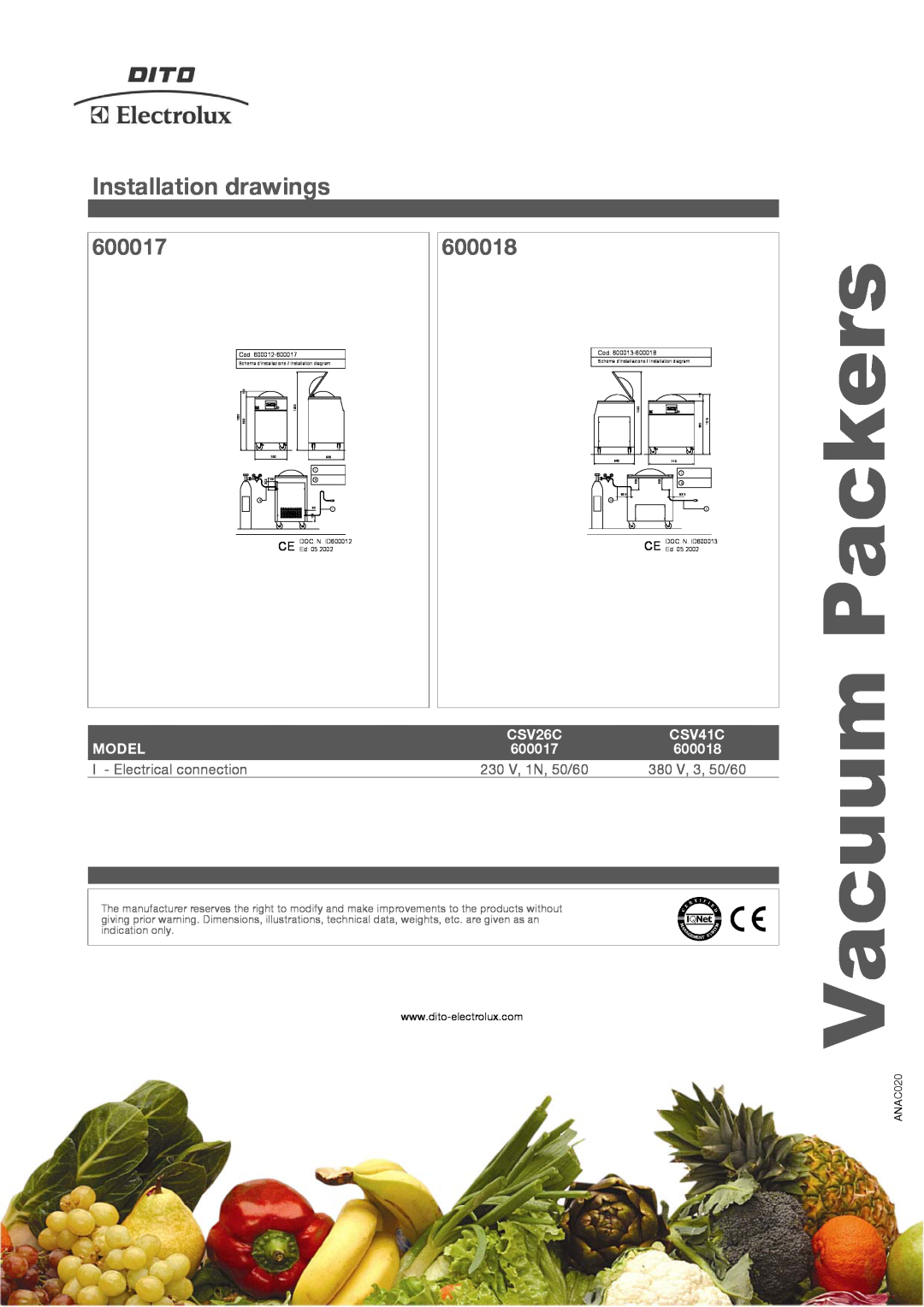 Electrolux 600017 manual Installation drawings, 600018, Packers, Vacuum, CSV26C, CSV41C, Model 