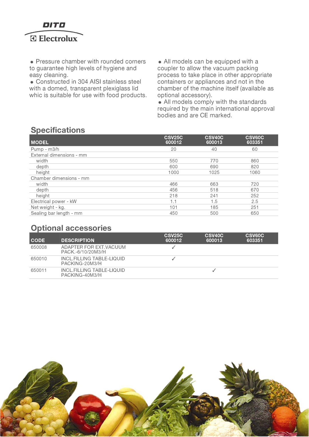 Electrolux CSV40C, CSV60C, CSV25C, 600012 manual Specifications, Optional accessories, 600013 603351 