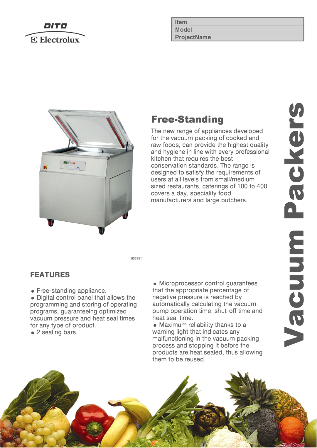 Electrolux CSV25C, CSV60C, CSV40C, 603351, 600012, 600013 manual Features, Packers, Vacuum, Free-Standing 