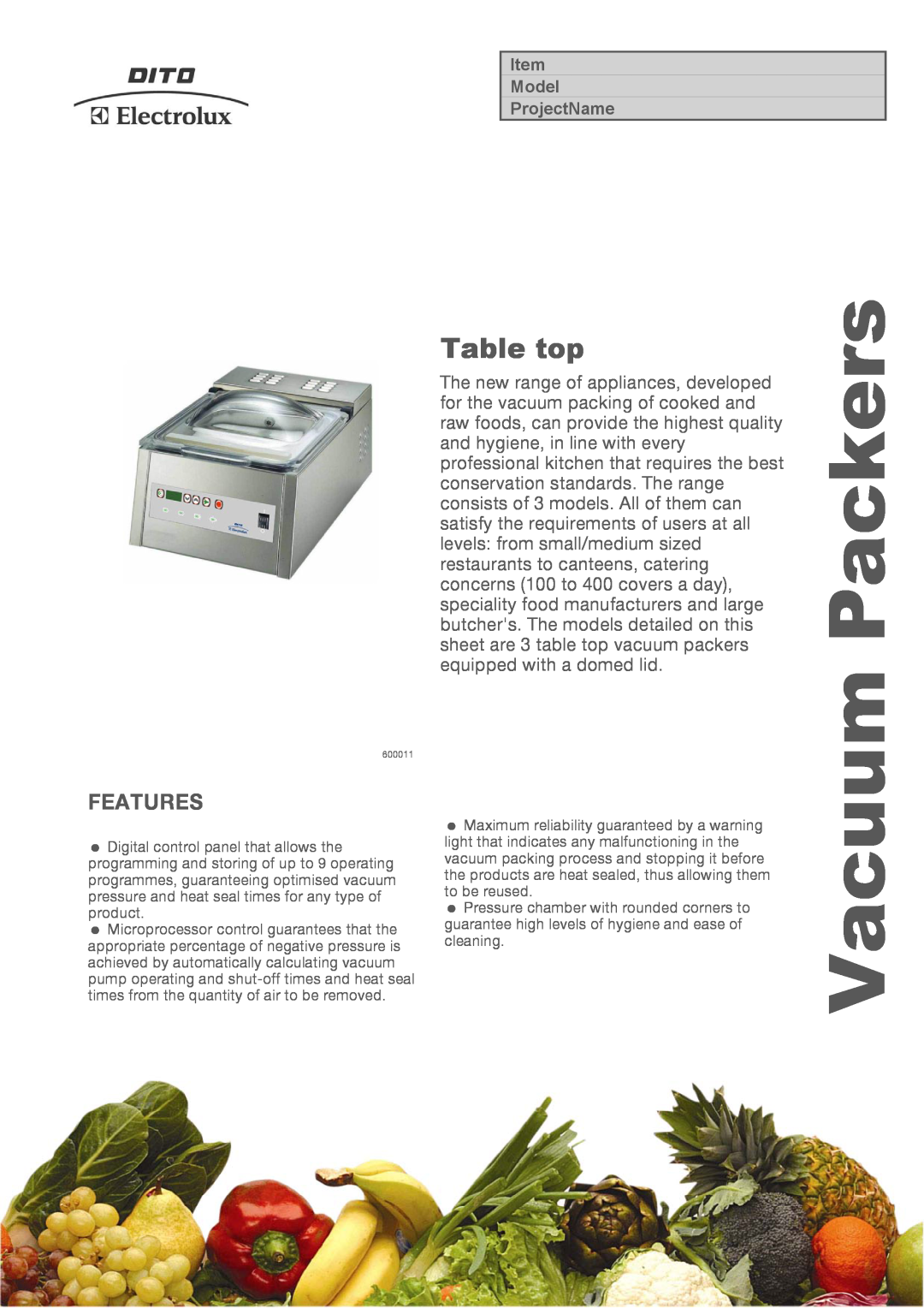 Electrolux CSV20B, CSV6B, CSV10B, 600034, 600011, 600010 manual Vacuum, Features, Packers, Table top 