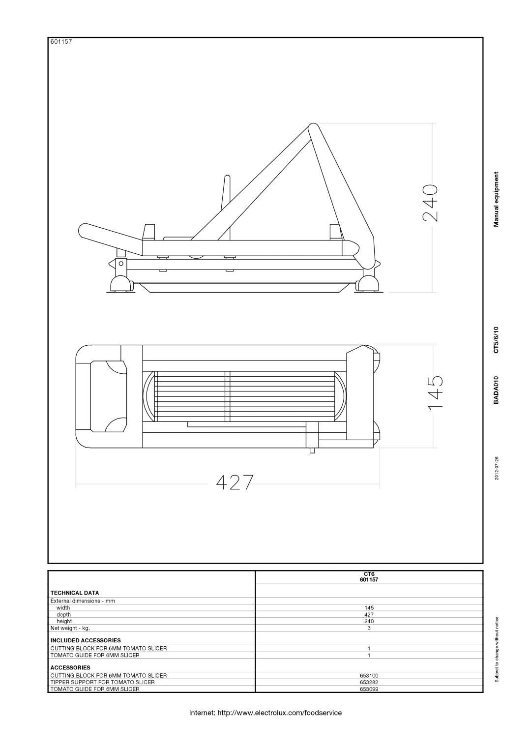 Electrolux manual 601157, Manual equipment BADA010 CT5/6/10 