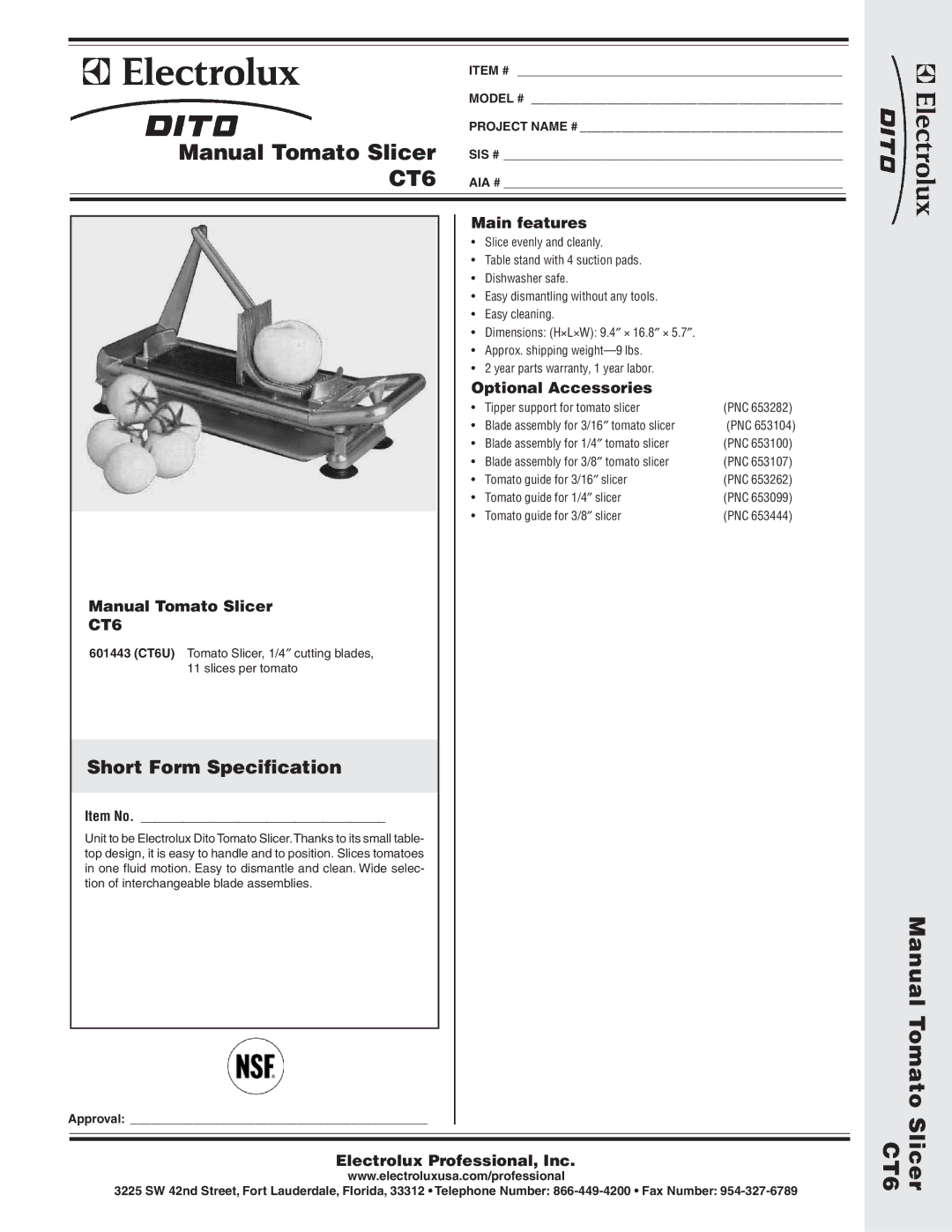 Electrolux 601443 (CT6U) dimensions Manual Tomato Slicer CT6, Short Form Specification 