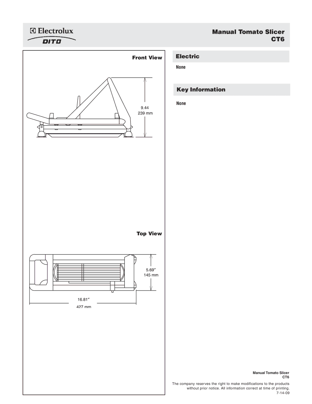 Electrolux 601443 (CT6U) dimensions Manual Tomato Slicer, Electric, Key Information 