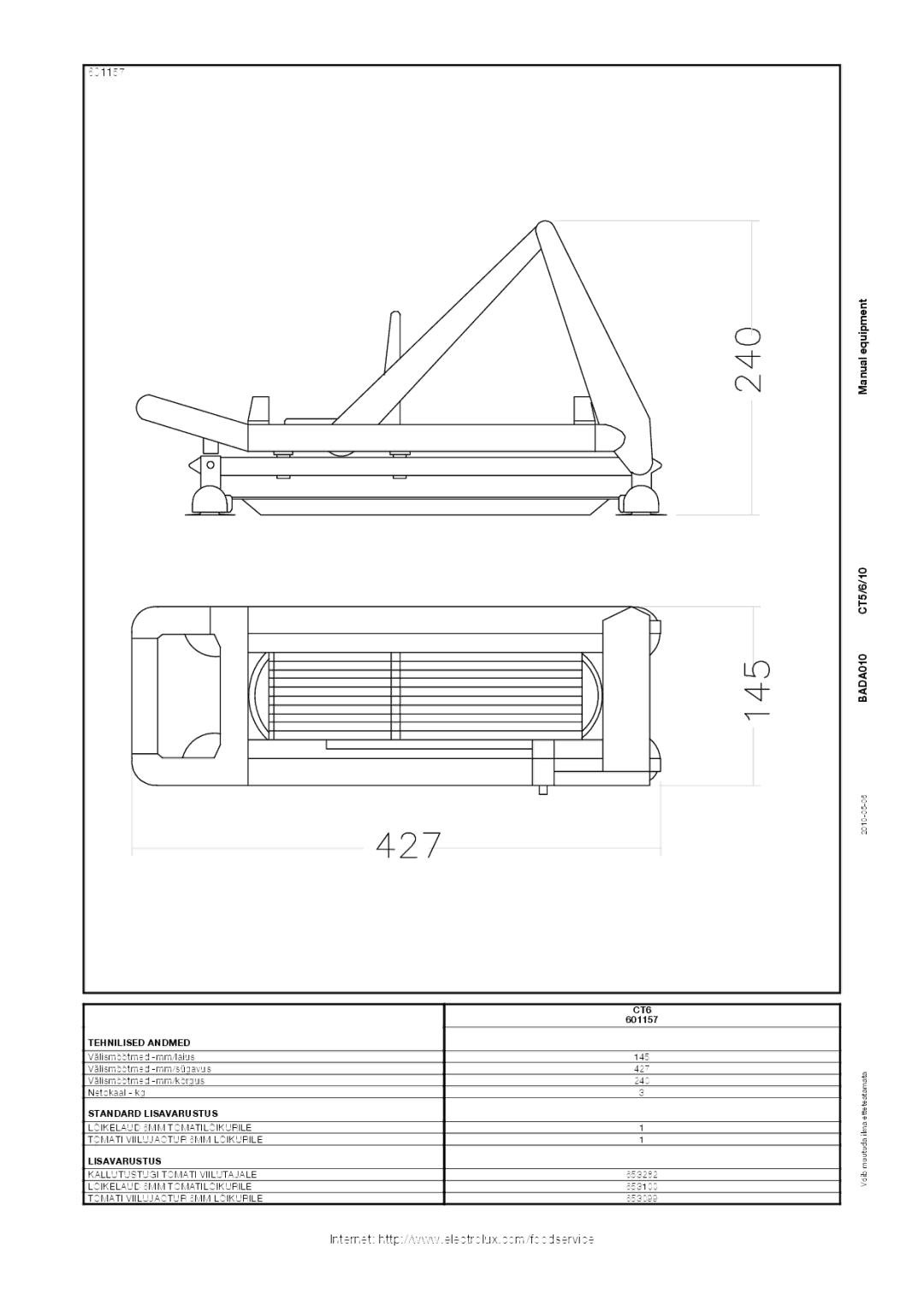 Electrolux CT6, CT10 manual 601157, Manual equipment BADA010 CT5/6/10 