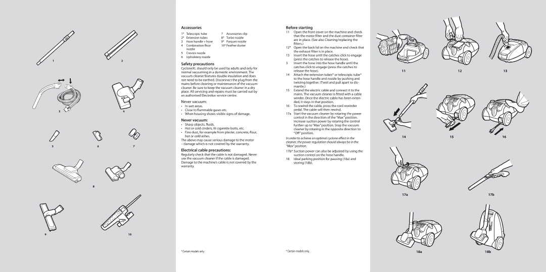 Electrolux CycloneXL manual Accessories, Safety precautions, Never vacuum, Electrical cable precautions, Before starting 