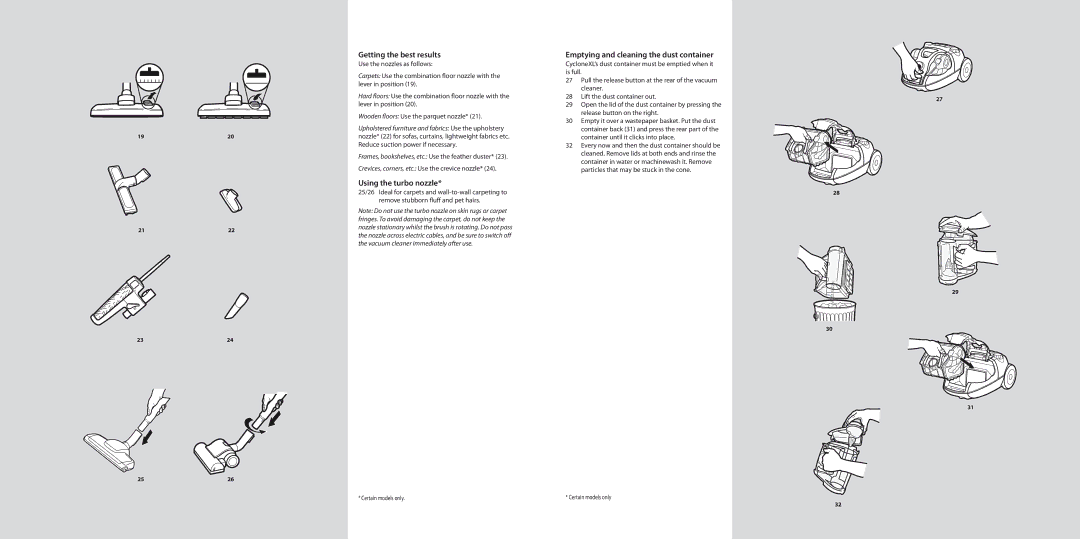Electrolux CycloneXL manual Getting the best results, Using the turbo nozzle, Emptying and cleaning the dust container 