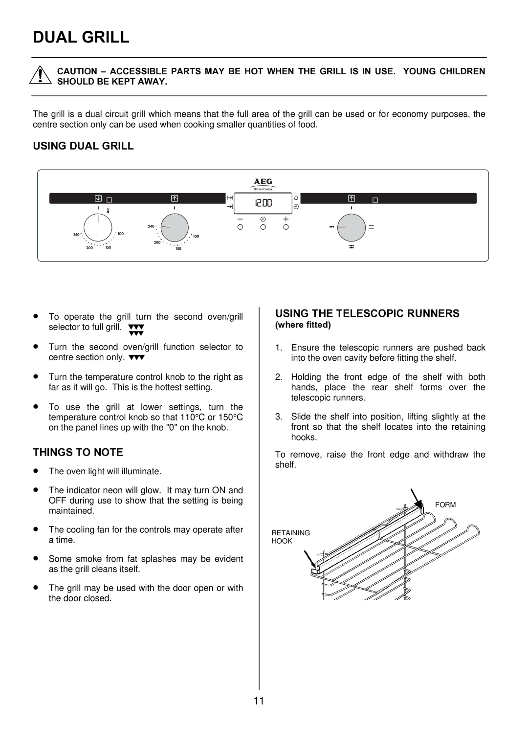 Electrolux D1100-4 manual Using Dual Grill, Using the Telescopic Runners, Where fitted 