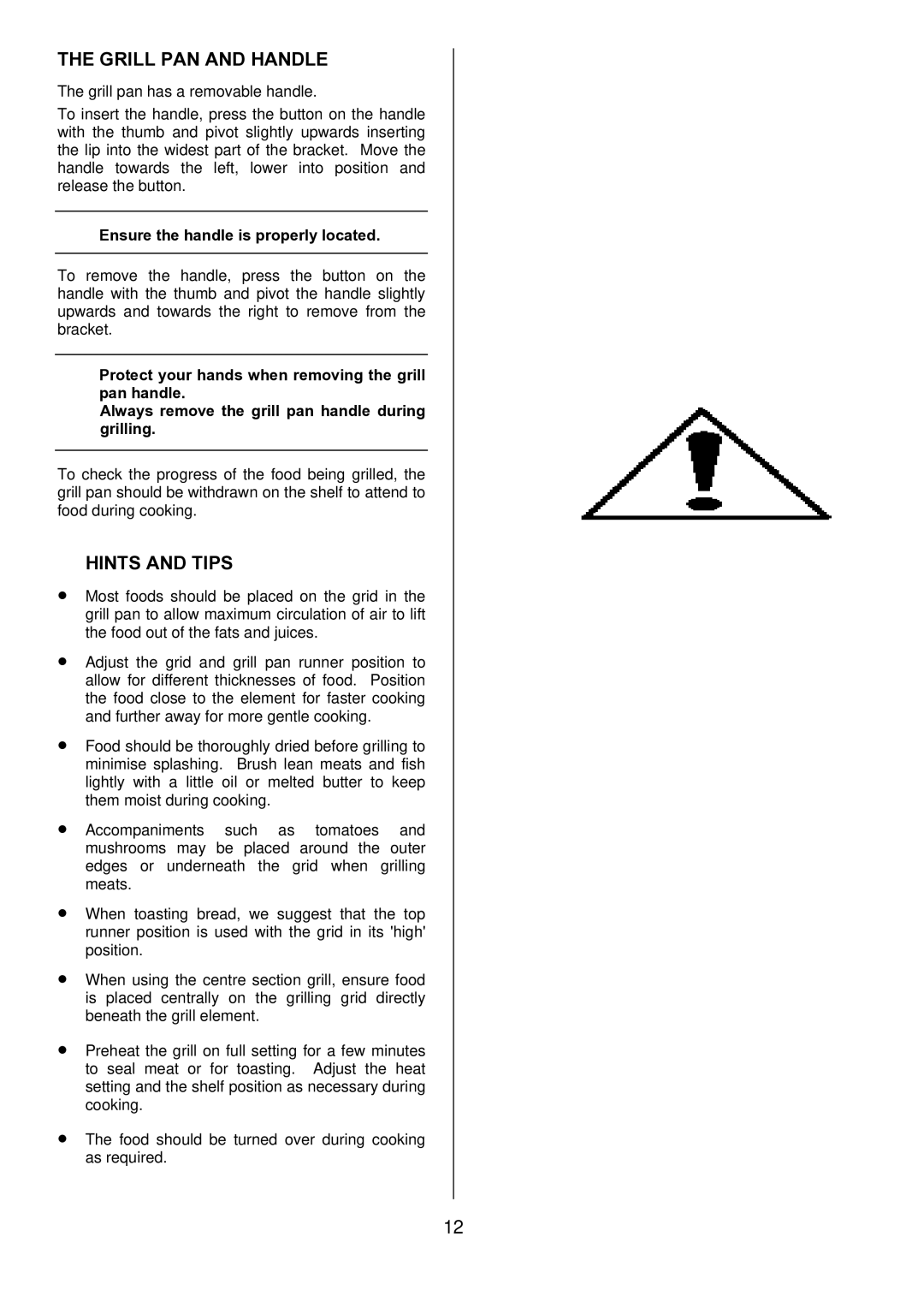 Electrolux D1100-4 manual Grill PAN and Handle, Hints and Tips, Ensure the handle is properly located 