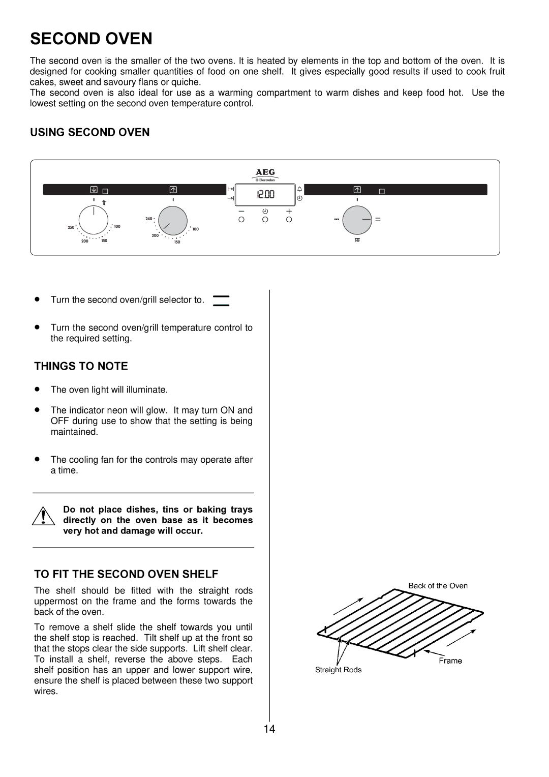 Electrolux D1100-4 manual Using Second Oven, To FIT the Second Oven Shelf 