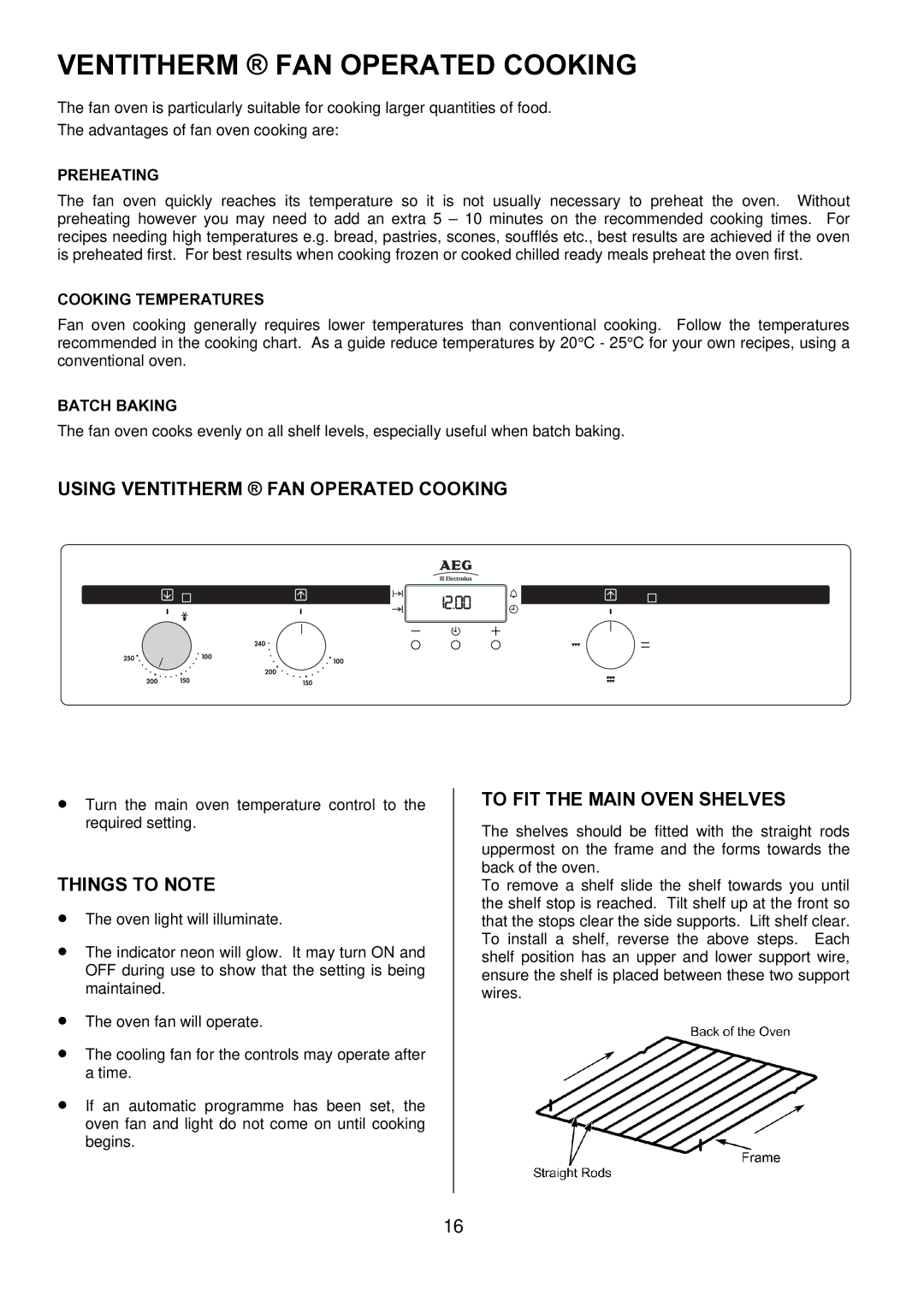 Electrolux D1100-4 manual Using Ventitherm FAN Operated Cooking, To FIT the Main Oven Shelves 