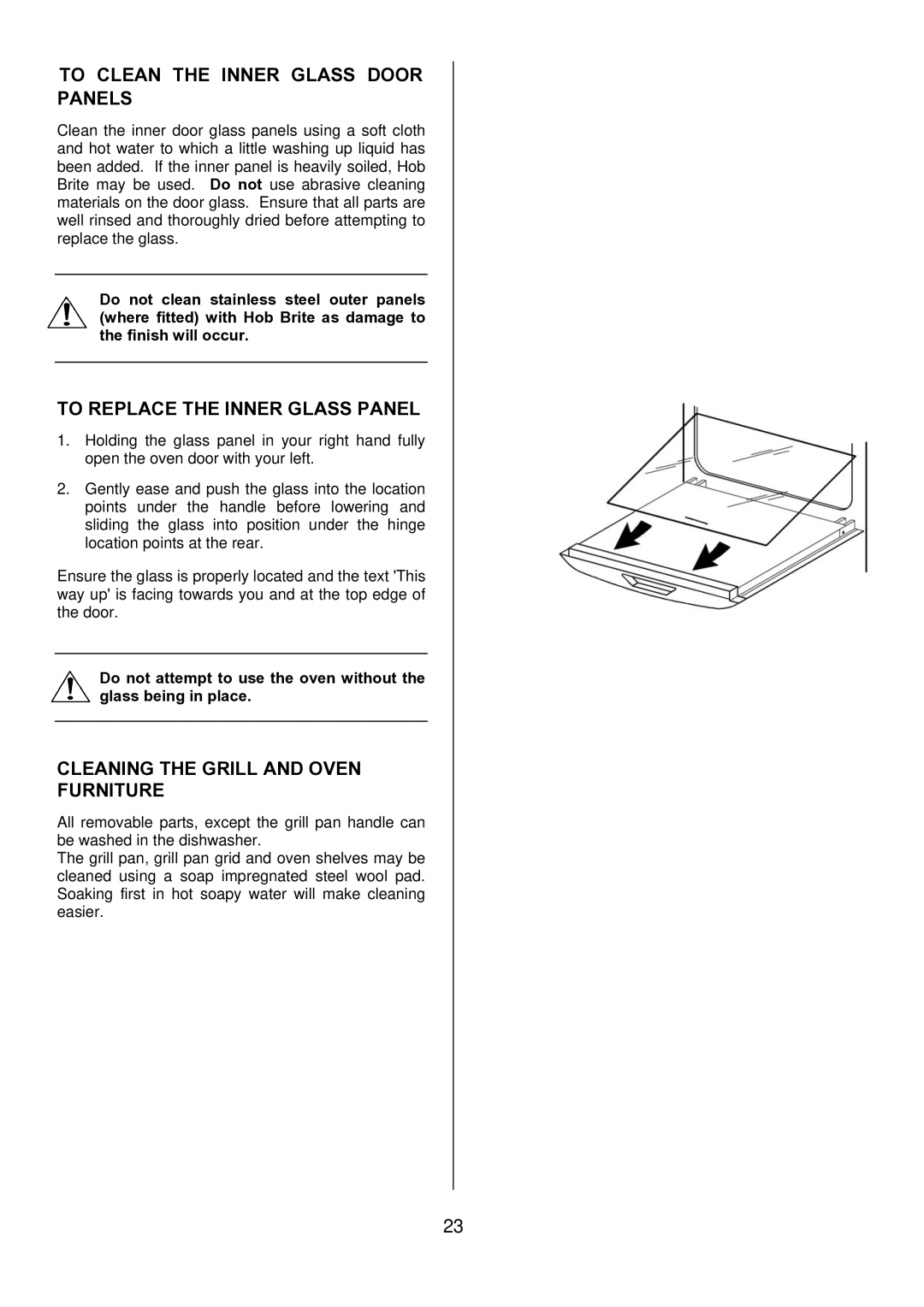 Electrolux D1100-4 manual To Clean the Inner Glass Door Panels, To Replace the Inner Glass Panel 