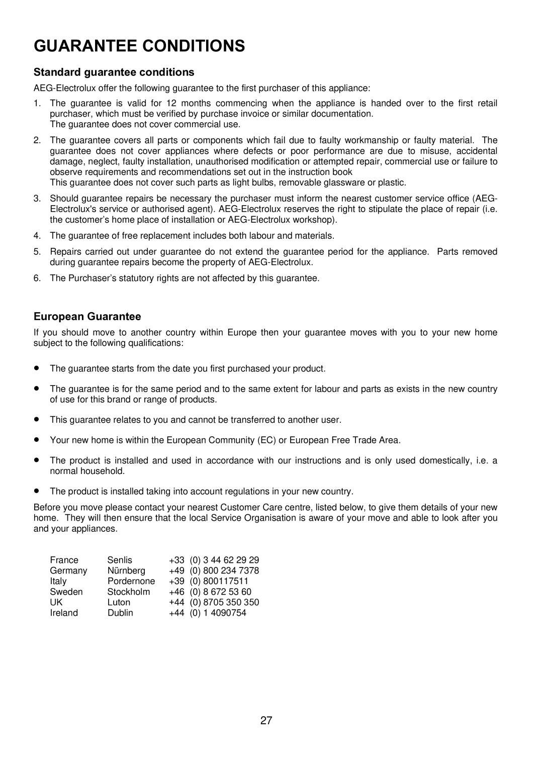 Electrolux D1100-4 manual Guarantee Conditions, Standard guarantee conditions 