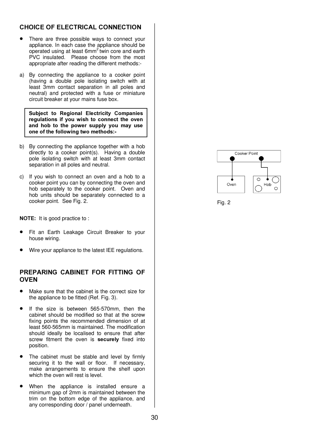 Electrolux D1100-4 manual Choice of Electrical Connection, Preparing Cabinet for Fitting of Oven 