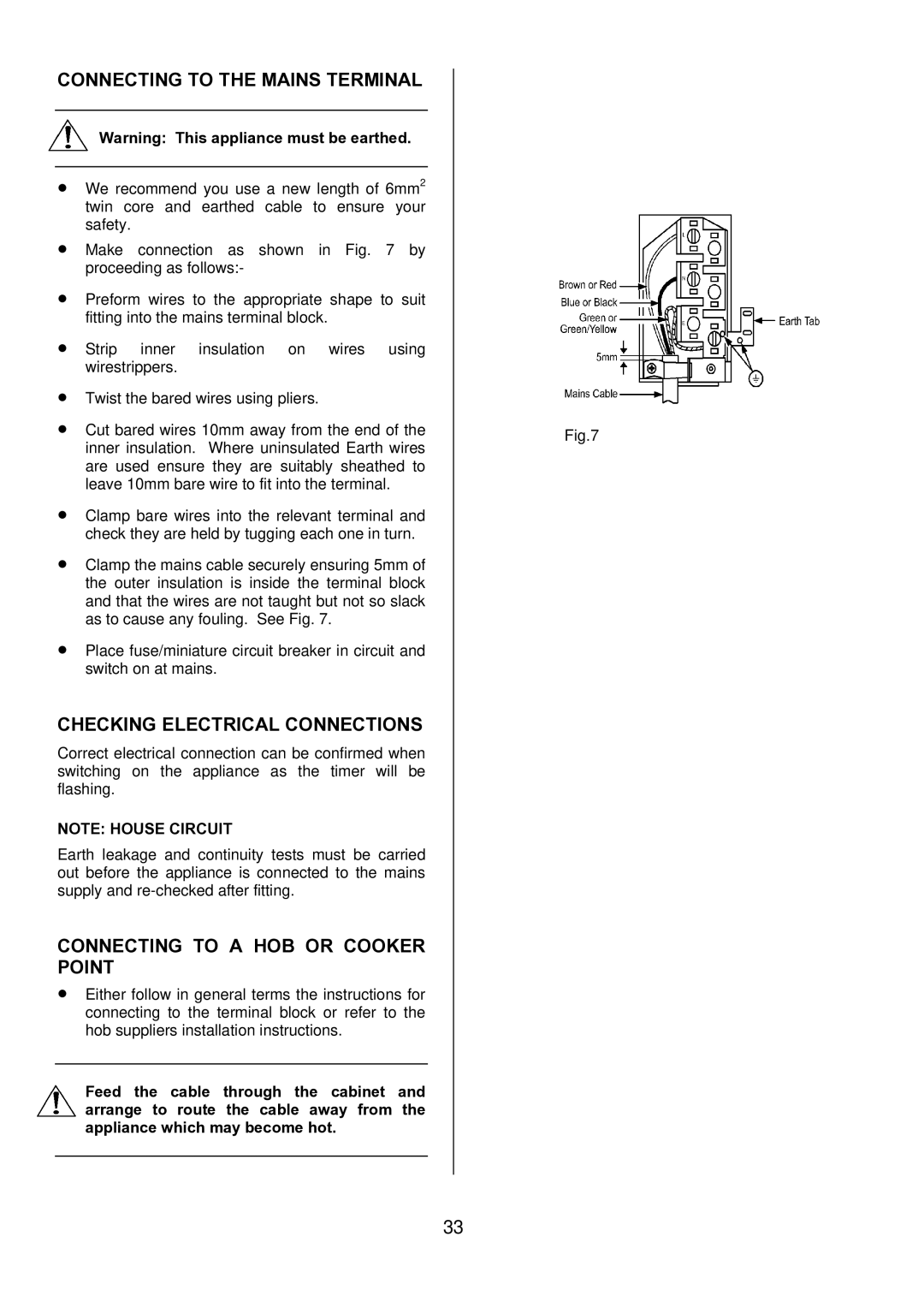 Electrolux D1100-4 Connecting to the Mains Terminal, Checking Electrical Connections, Connecting to a HOB or Cooker Point 