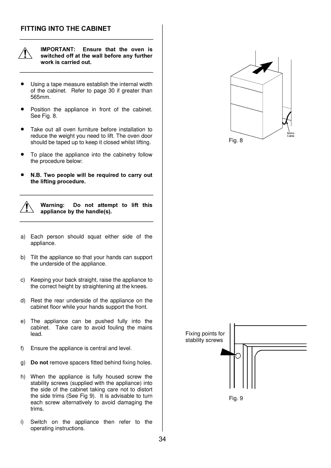 Electrolux D1100-4 manual Fitting Into the Cabinet 