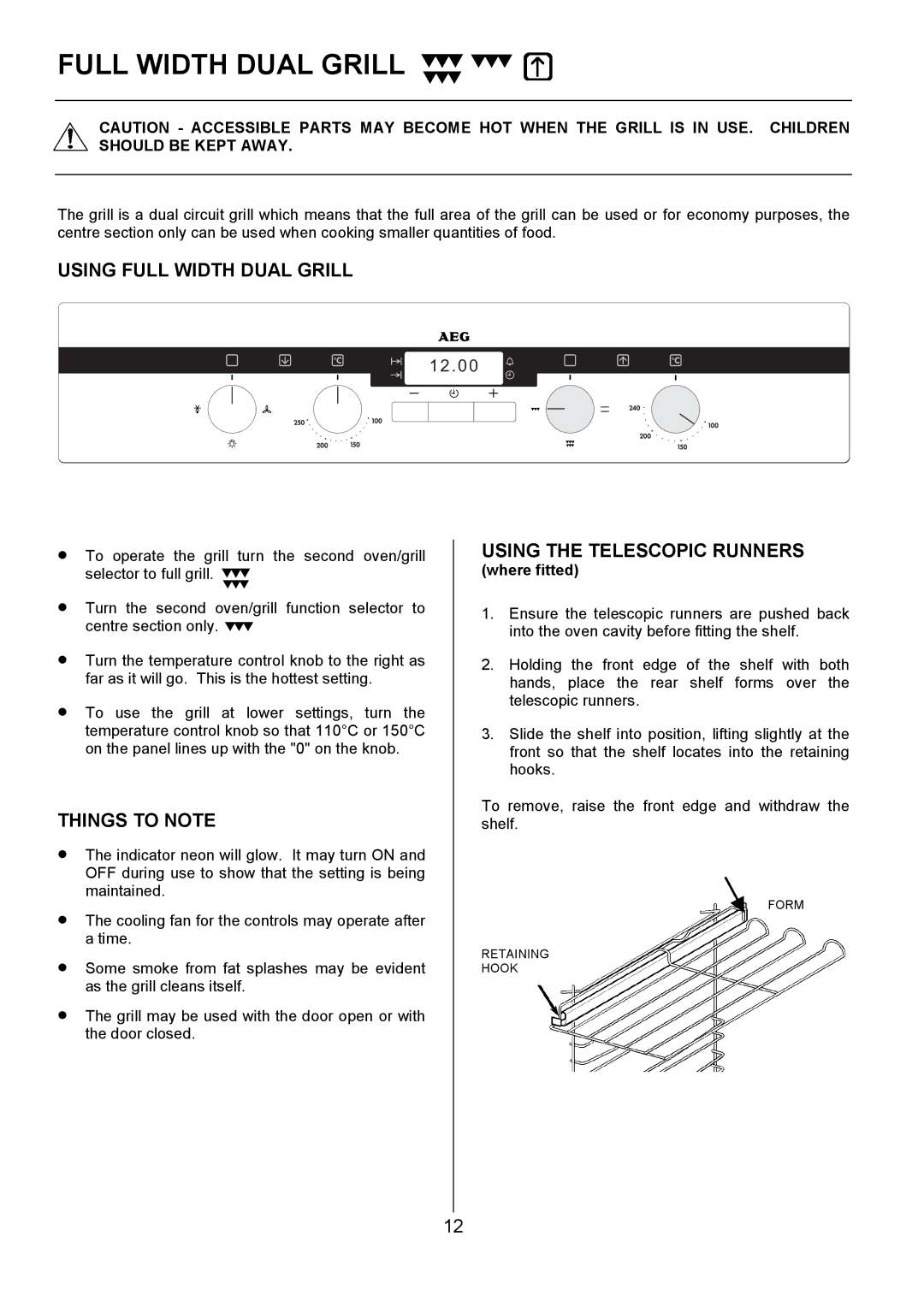 Electrolux D2100-4 manual Using Full Width Dual Grill, Using the Telescopic Runners 