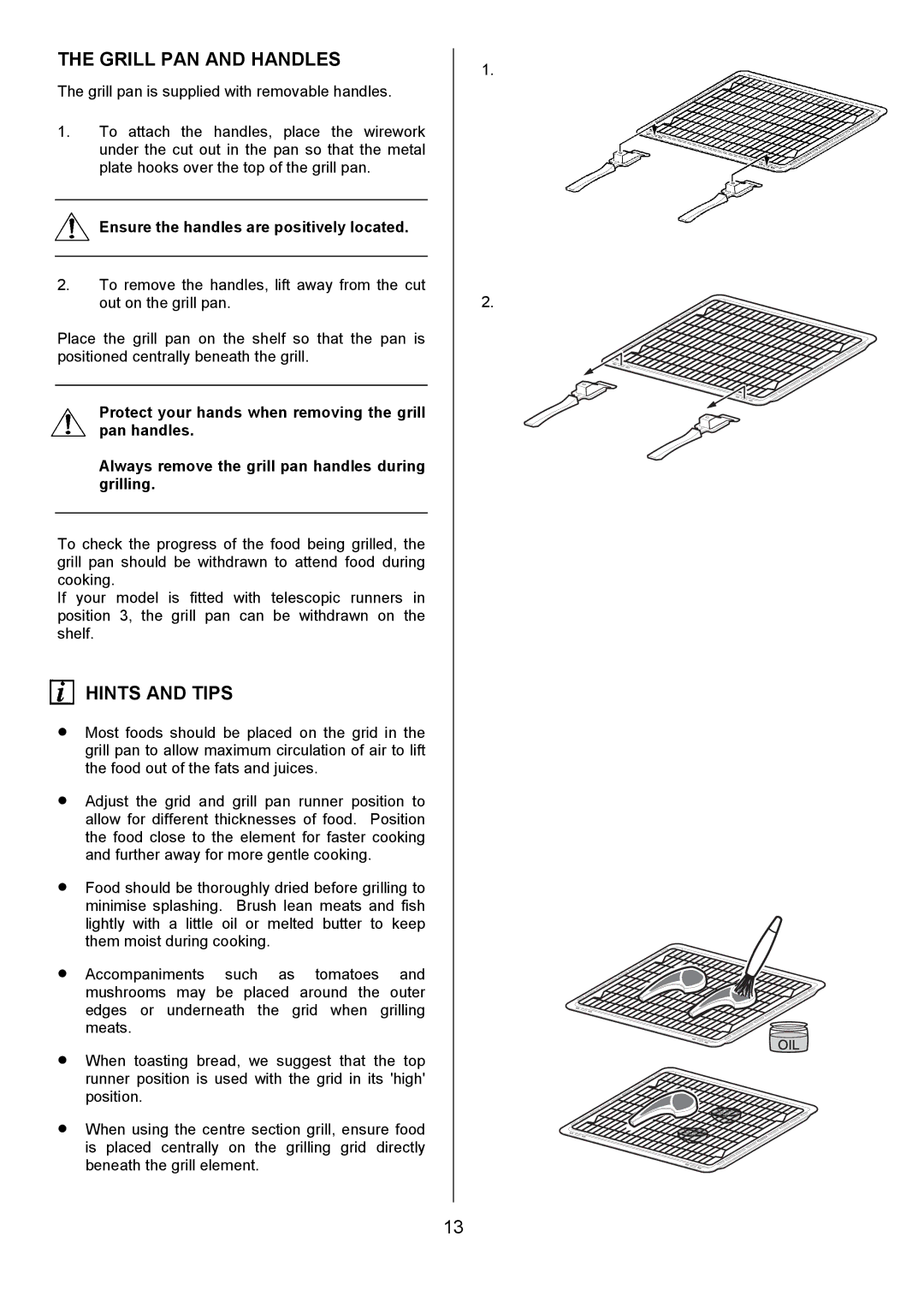 Electrolux D2100-4 manual Grill PAN and Handles, Hints and Tips 