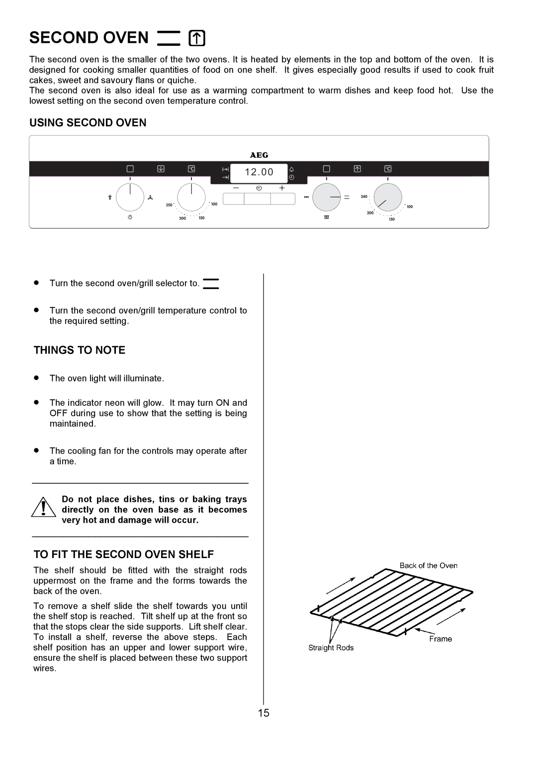 Electrolux D2100-4 manual Using Second Oven, To FIT the Second Oven Shelf 