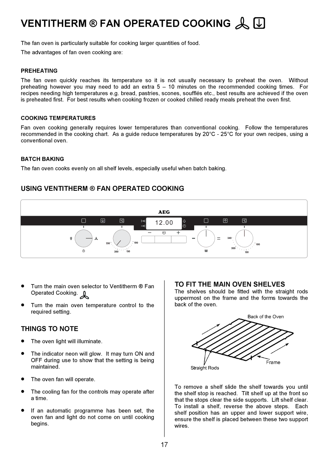 Electrolux D2100-4 manual Using Ventitherm FAN Operated Cooking, To FIT the Main Oven Shelves 