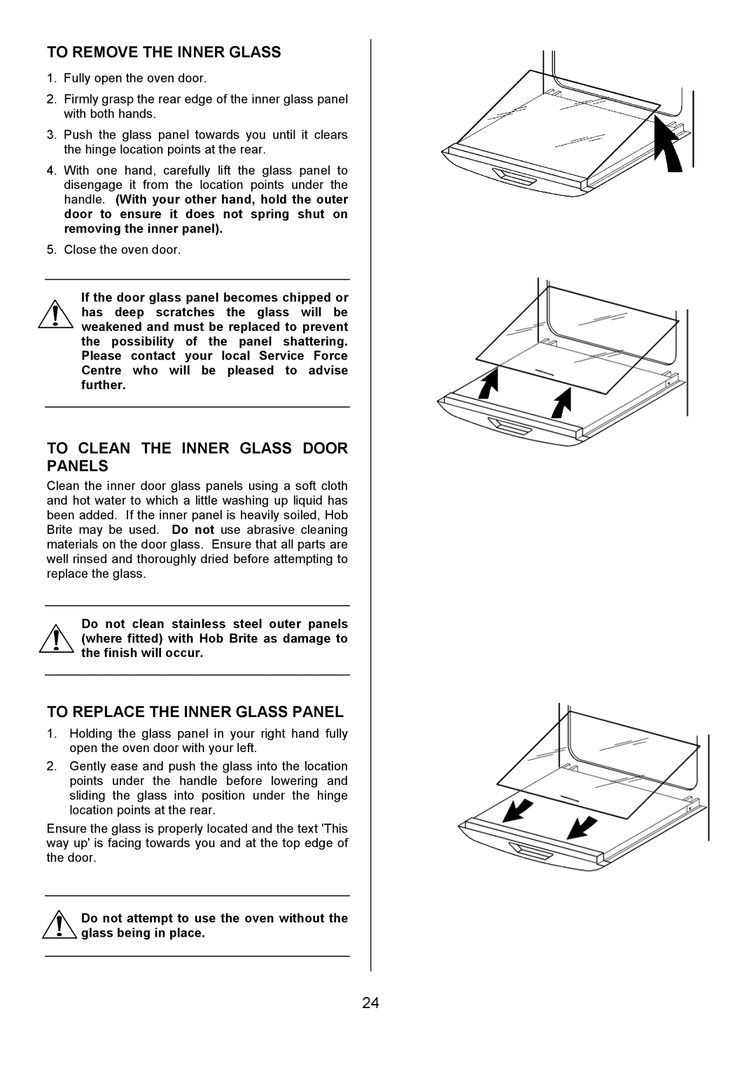 Electrolux D2100-4 manual To Remove the Inner Glass, To Clean the Inner Glass Door Panels, To Replace the Inner Glass Panel 