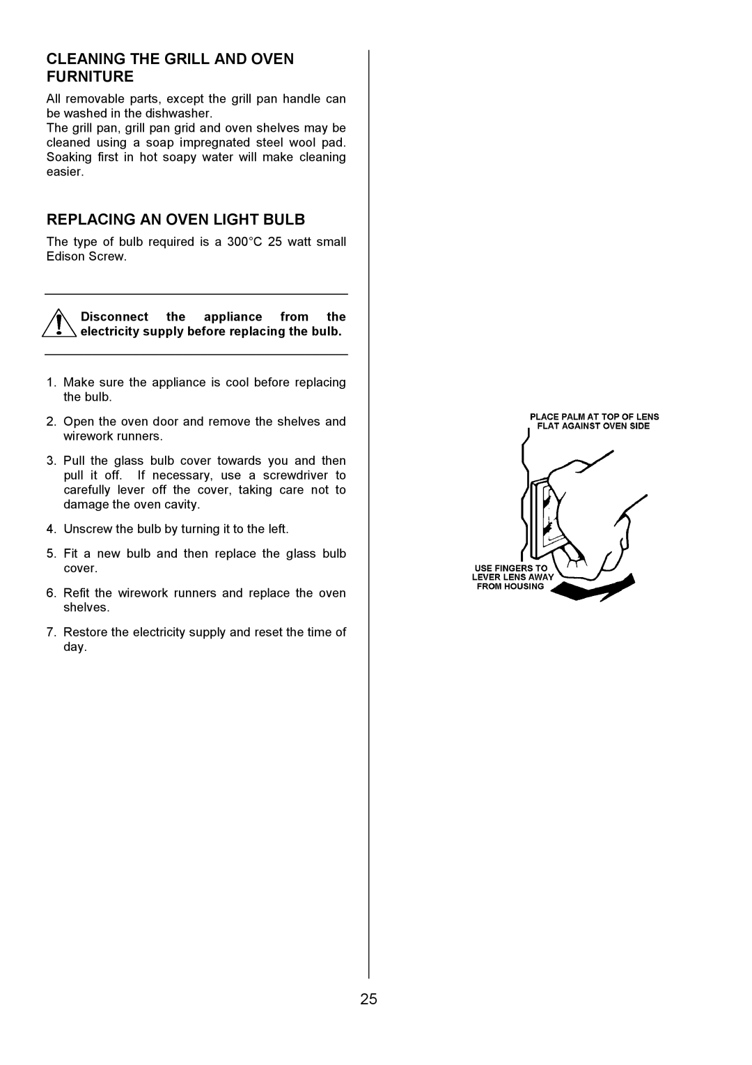 Electrolux D2100-4 manual Cleaning the Grill and Oven Furniture, Replacing AN Oven Light Bulb 