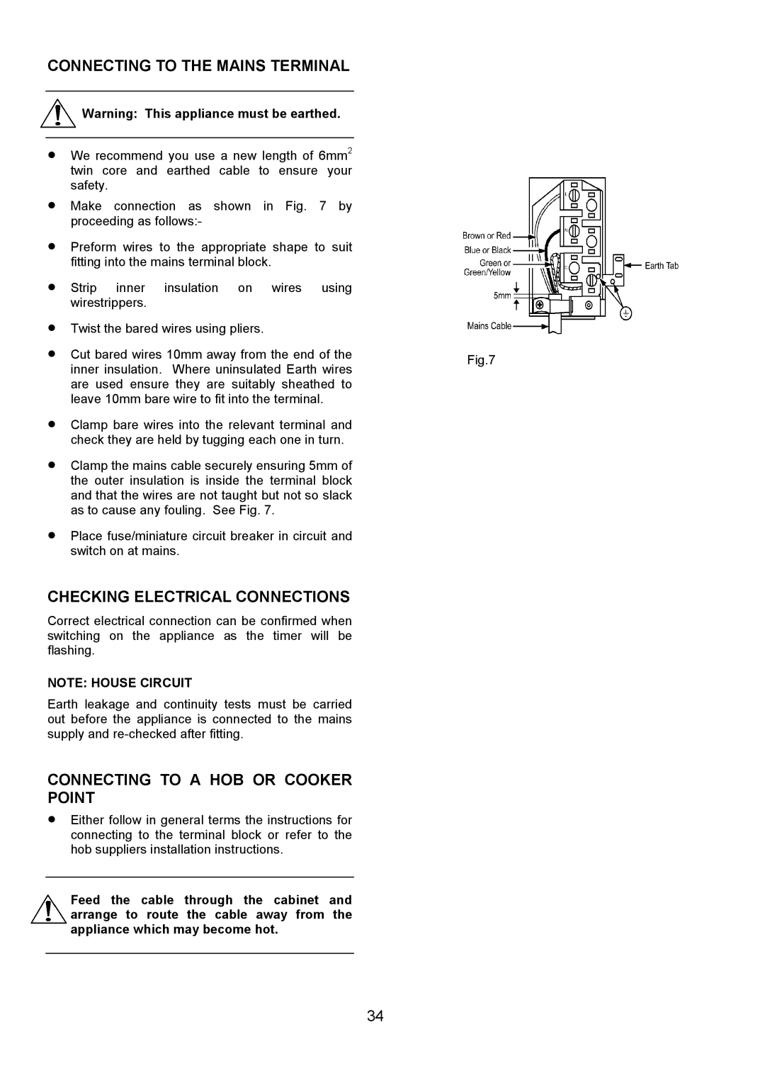 Electrolux D2100-4 Connecting to the Mains Terminal, Checking Electrical Connections, Connecting to a HOB or Cooker Point 