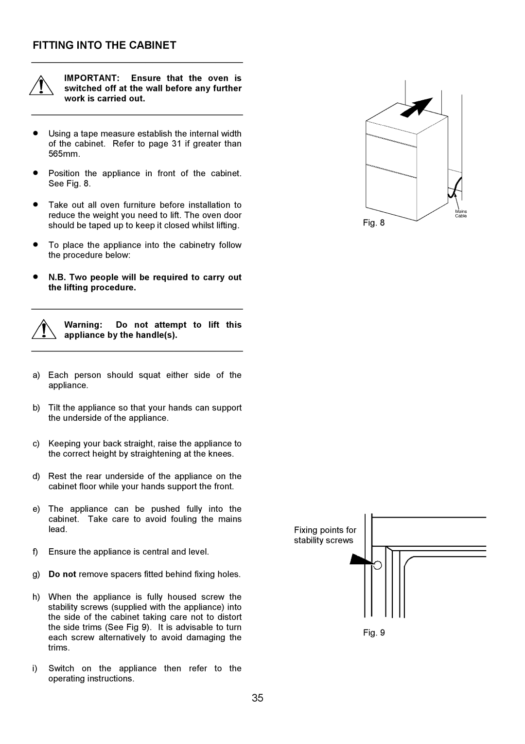 Electrolux D2100-4 manual Fitting Into the Cabinet 