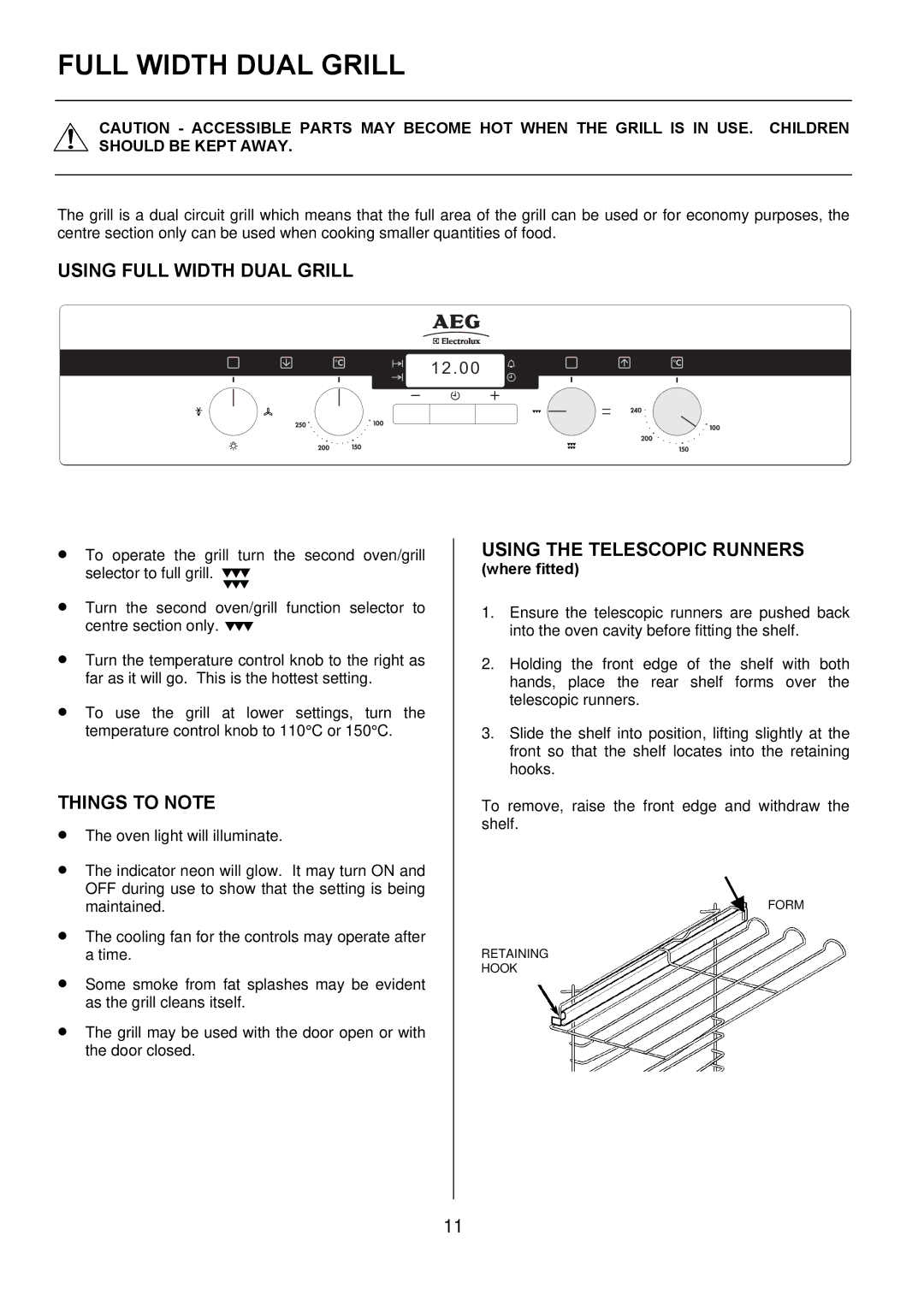 Electrolux D2100-5 manual Using Full Width Dual Grill, Using the Telescopic Runners 