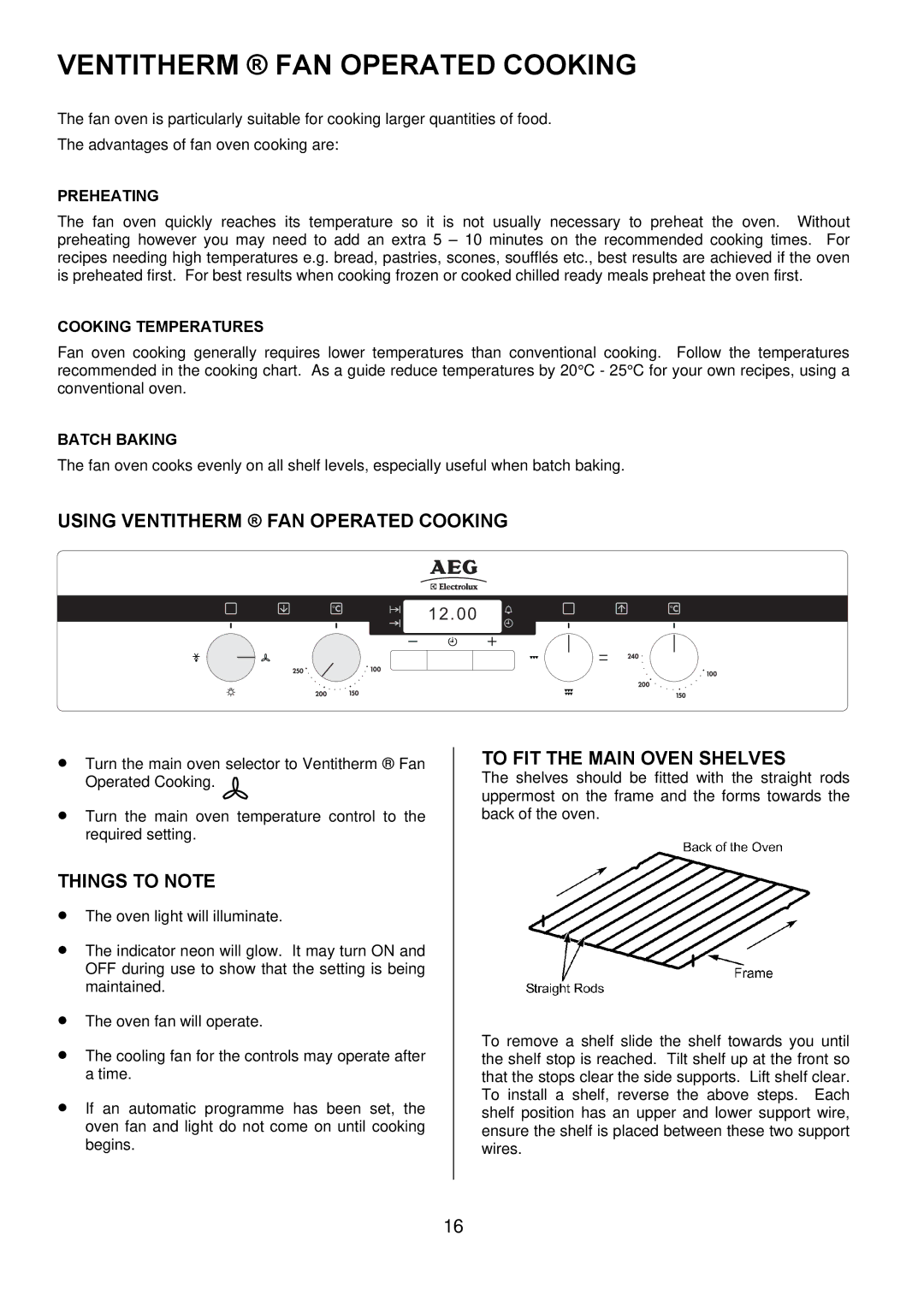 Electrolux D2100-5 manual Using Ventitherm FAN Operated Cooking, To FIT the Main Oven Shelves 