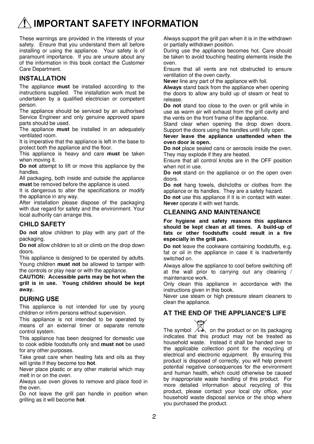 Electrolux D2100-5 manual Important Safety Information 