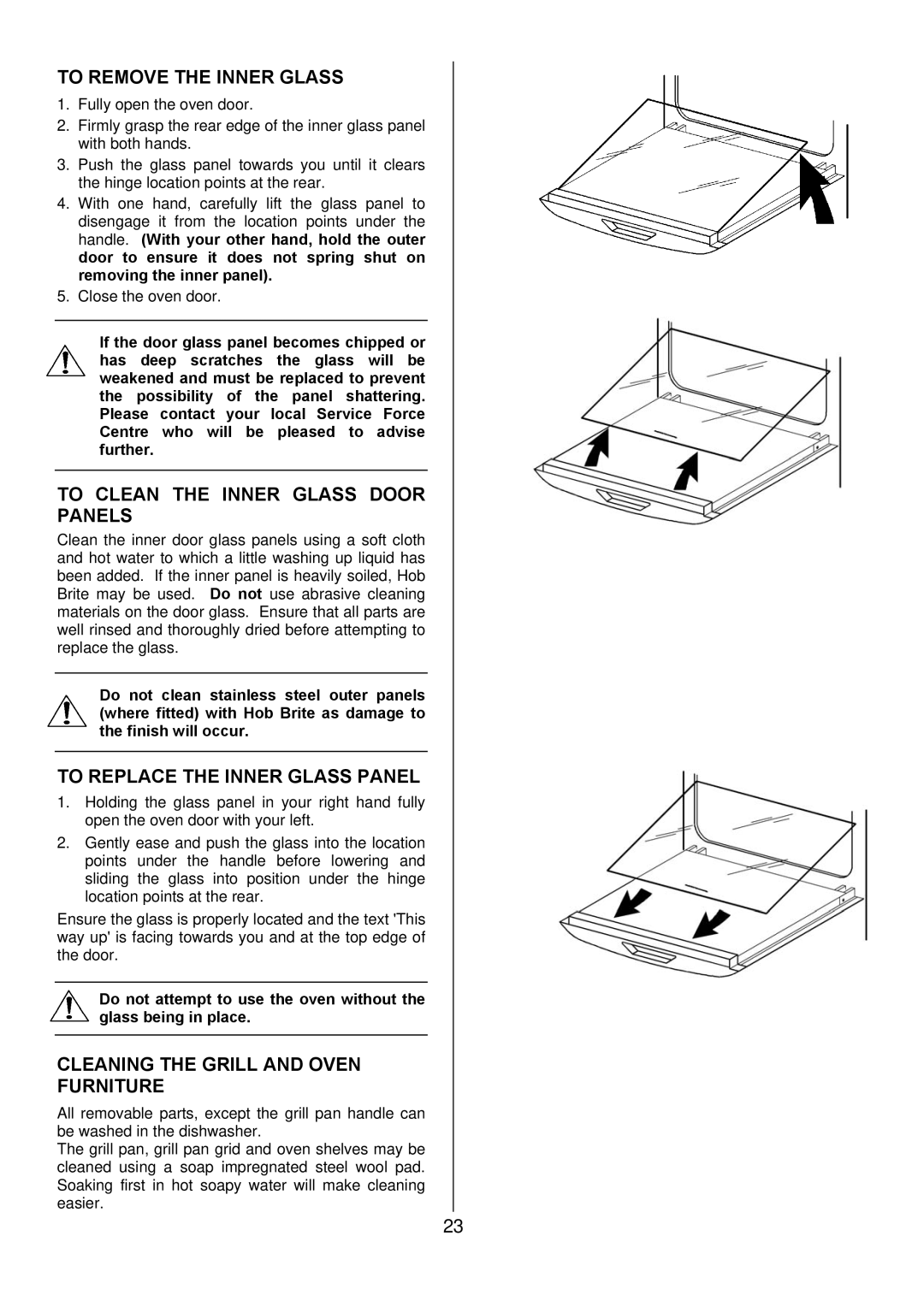 Electrolux D2100-5 manual To Remove the Inner Glass, To Clean the Inner Glass Door Panels, To Replace the Inner Glass Panel 