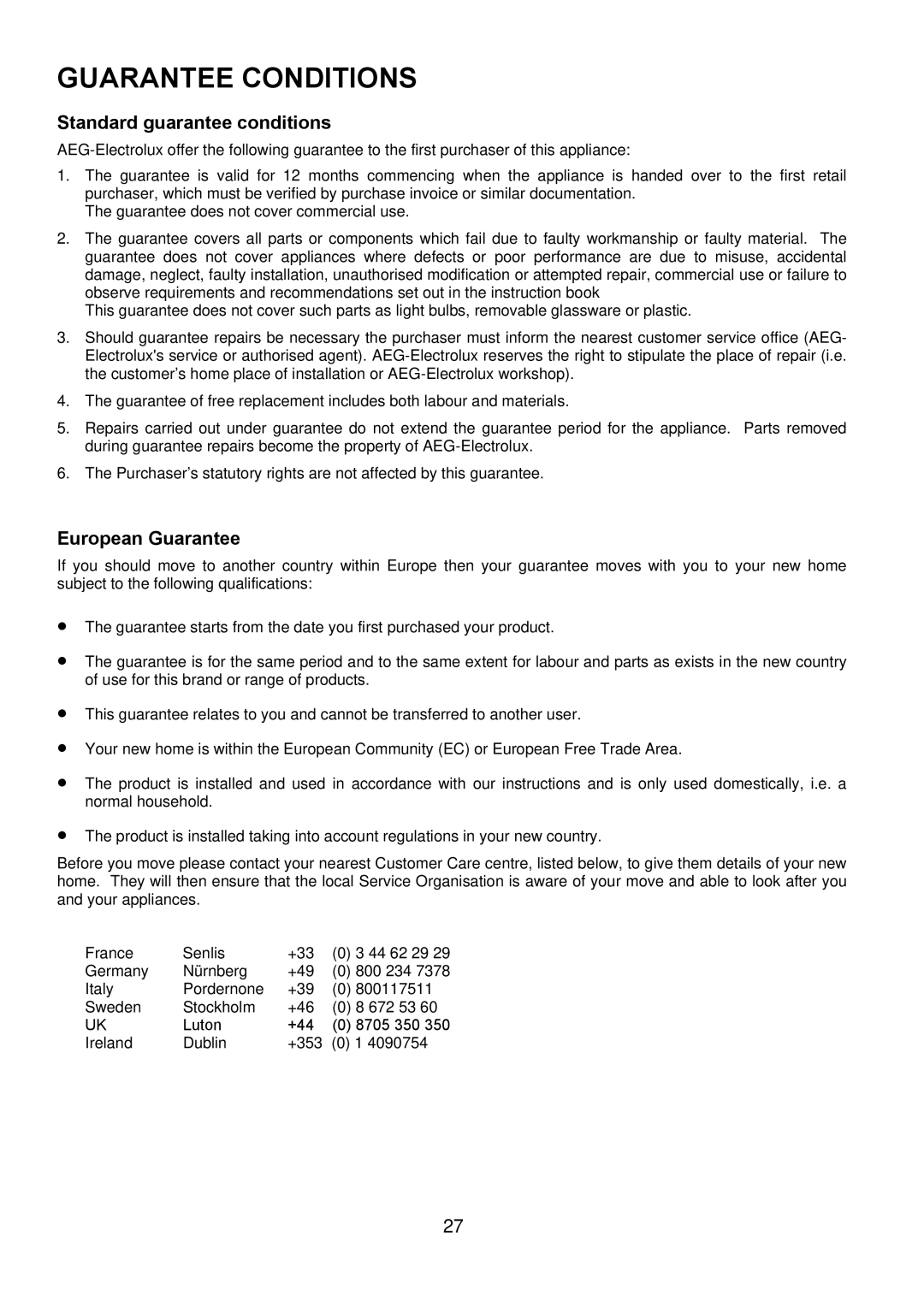 Electrolux D2100-5 manual Guarantee Conditions, Standard guarantee conditions 