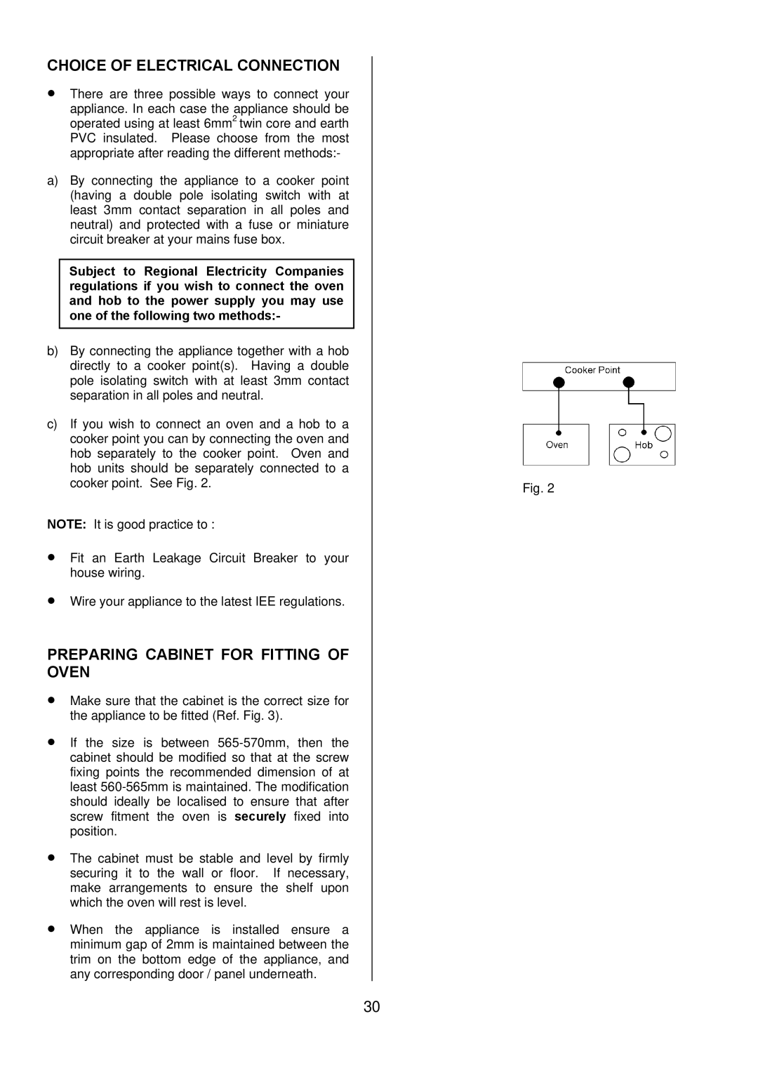 Electrolux D2100-5 manual Choice of Electrical Connection, Preparing Cabinet for Fitting of Oven 