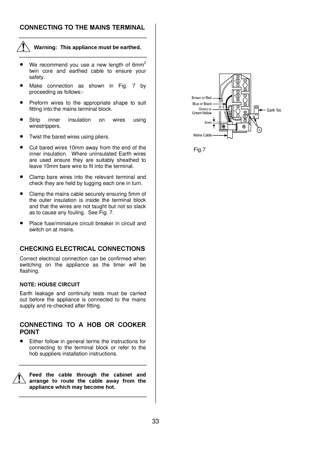 Electrolux D2100-5 Connecting to the Mains Terminal, Checking Electrical Connections, Connecting to a HOB or Cooker Point 