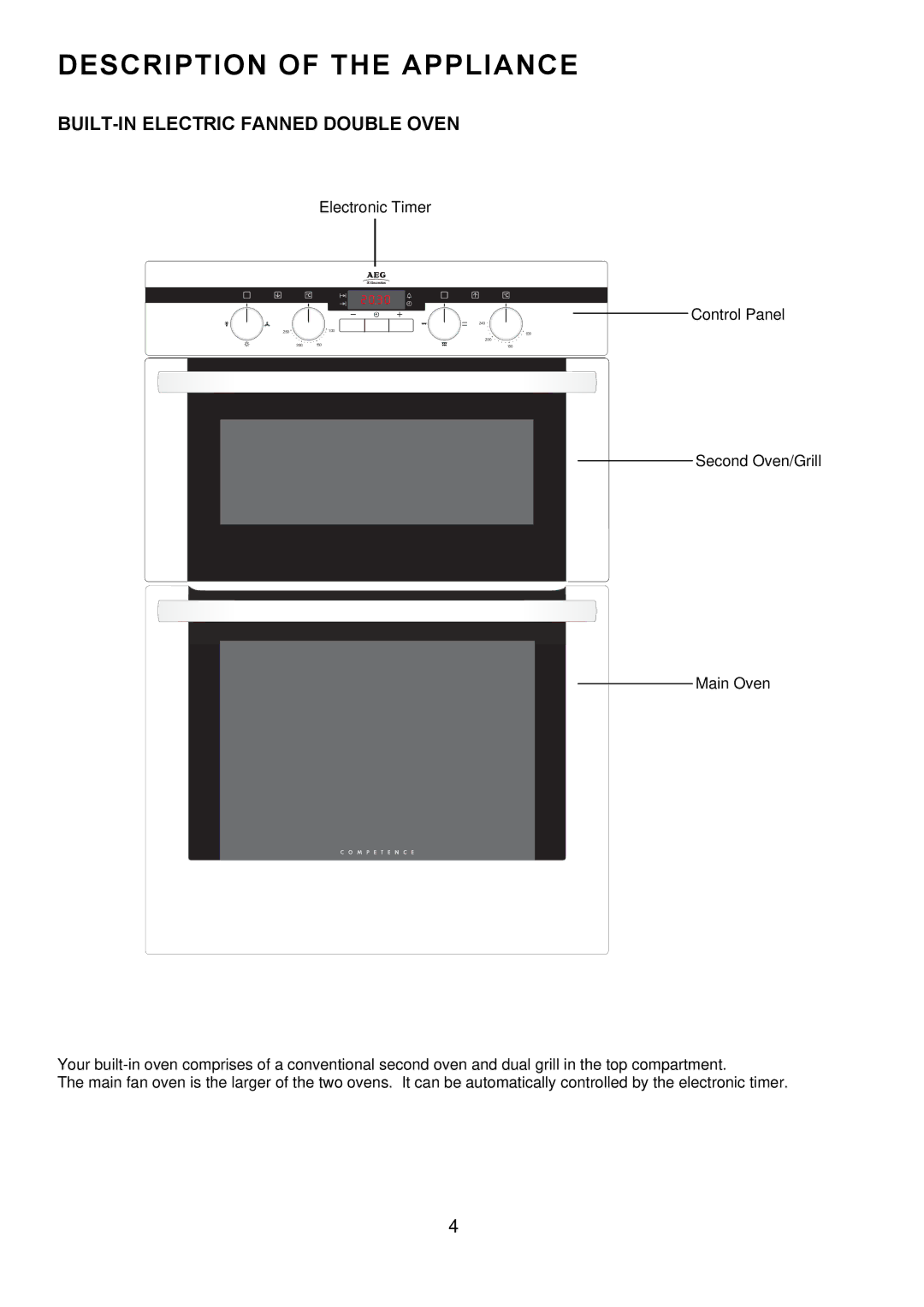 Electrolux D2100-5 manual Description of the Appliance, BUILT-IN Electric Fanned Double Oven 