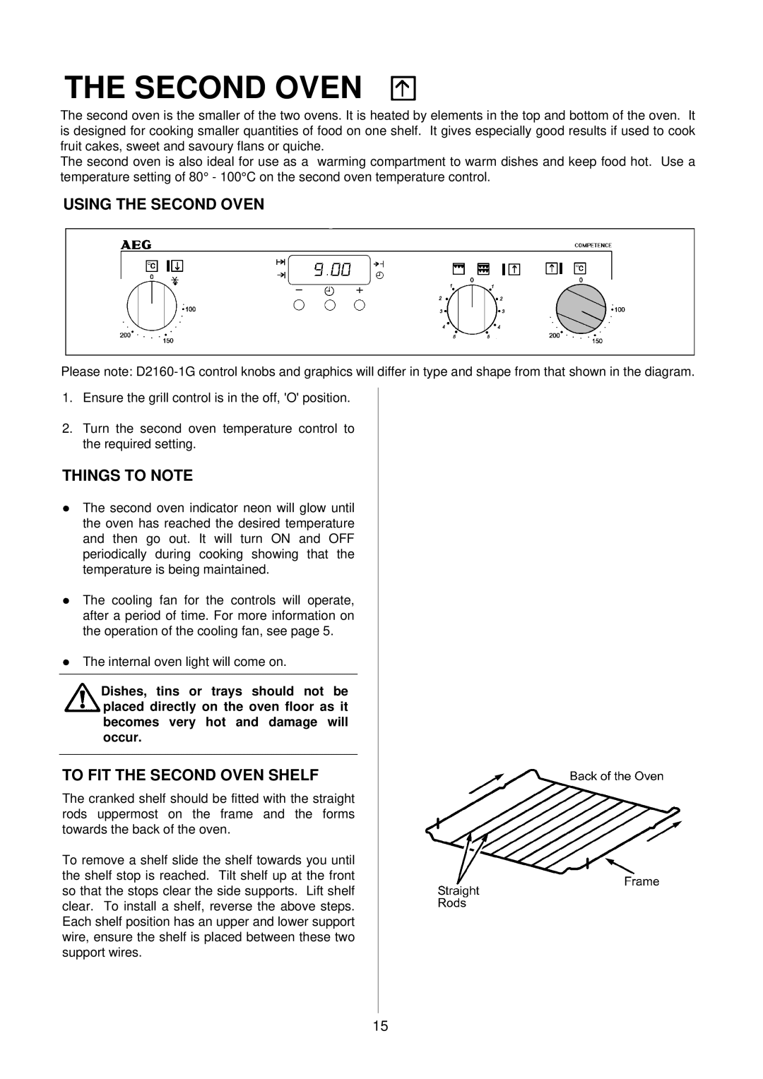 Electrolux D2160-1 operating instructions Using the Second Oven, To FIT the Second Oven Shelf 