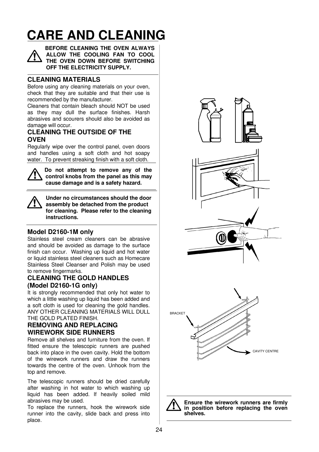 Electrolux D2160-1 operating instructions Care and Cleaning, Cleaning Materials, Cleaning the Outside of the Oven 