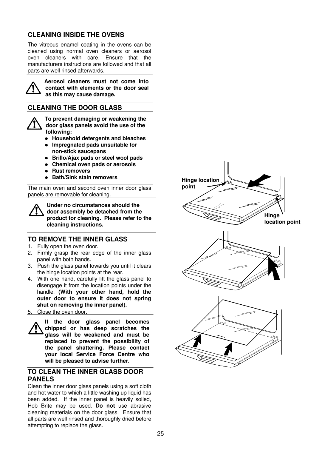 Electrolux D2160-1 operating instructions Cleaning Inside the Ovens, Cleaning the Door Glass, To Remove the Inner Glass 