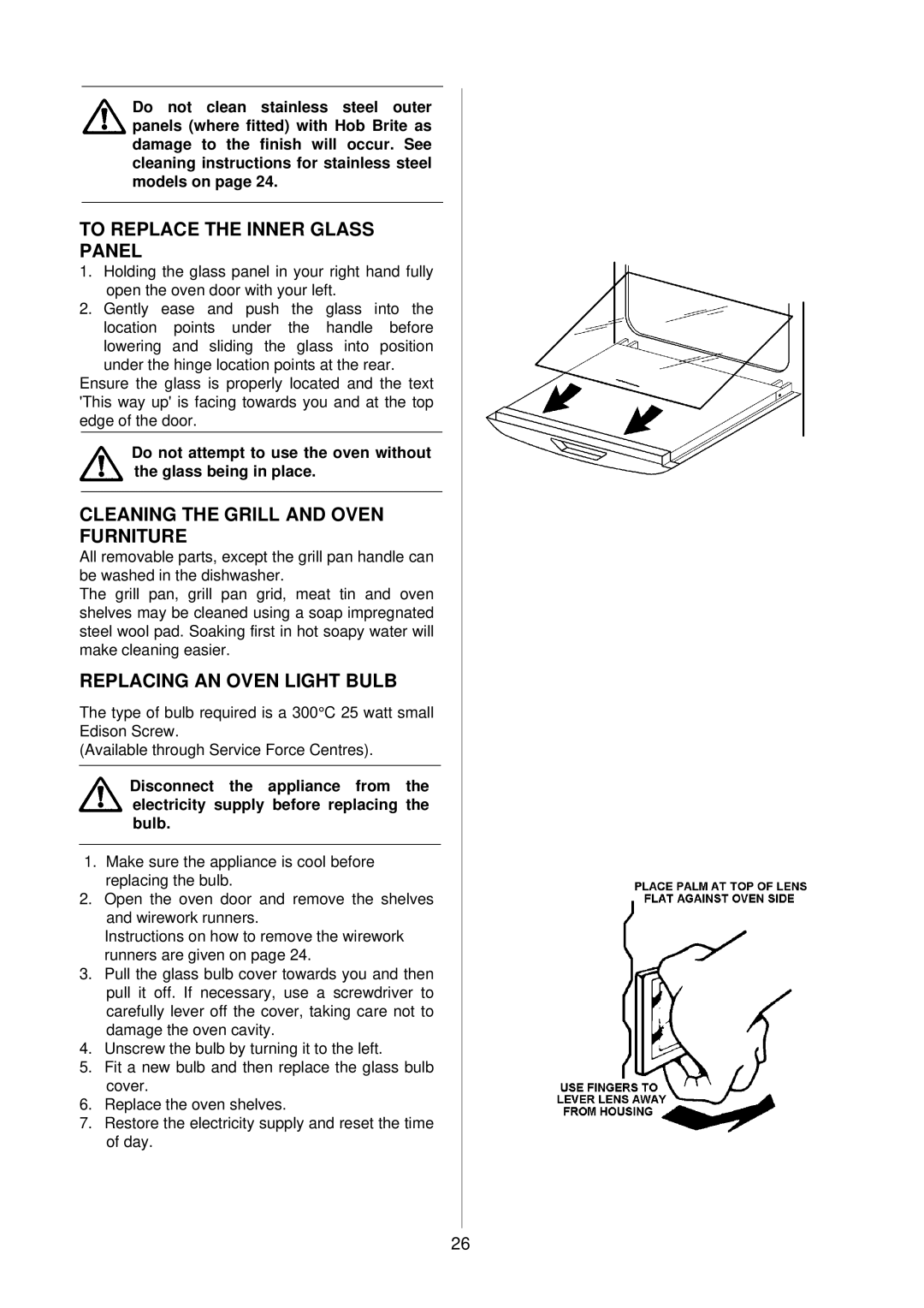 Electrolux D2160-1 To Replace the Inner Glass Panel, Cleaning the Grill and Oven Furniture, Replacing AN Oven Light Bulb 