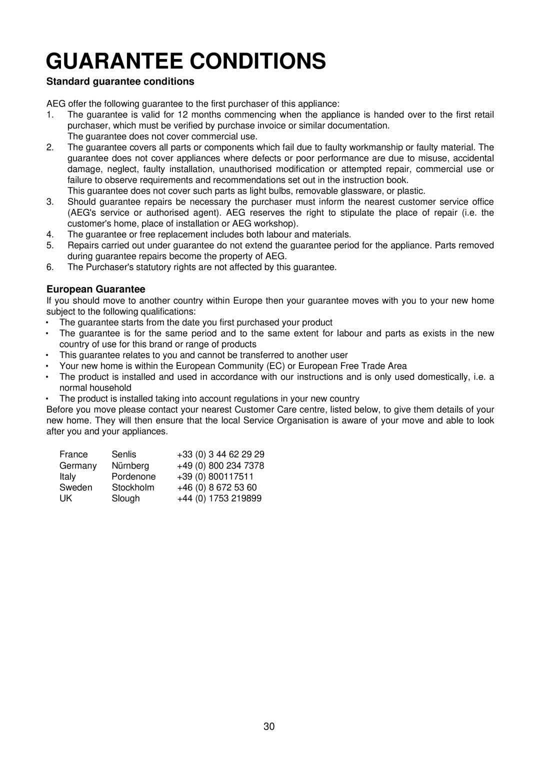 Electrolux D2160-1 operating instructions Guarantee Conditions, Standard guarantee conditions 