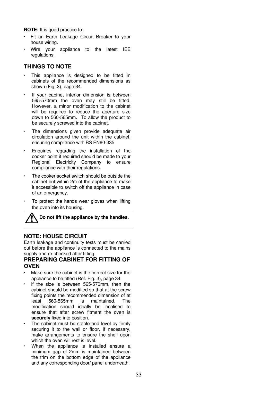 Electrolux D2160-1 operating instructions Preparing Cabinet for Fitting of Oven, Do not lift the appliance by the handles 