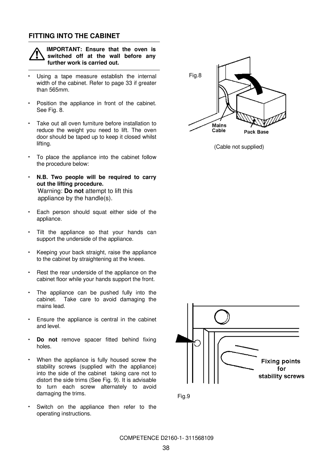 Electrolux D2160-1 operating instructions Fitting Into the Cabinet 