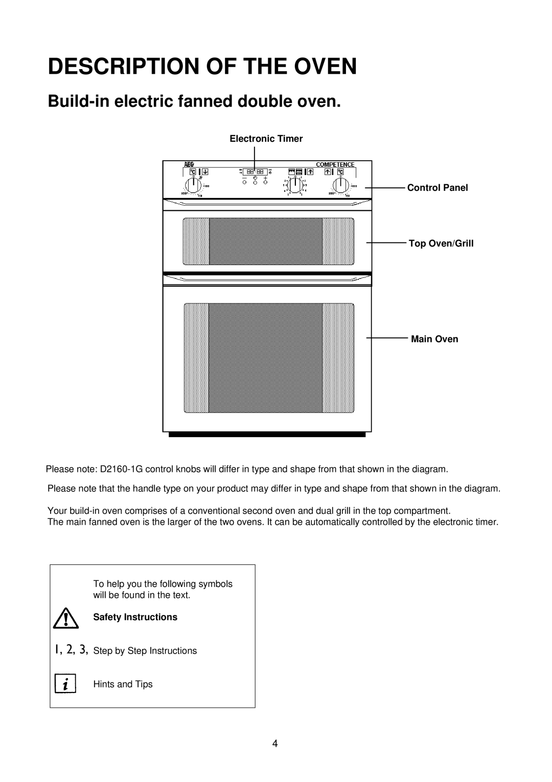 Electrolux D2160-1 operating instructions Description of the Oven, Build-in electric fanned double oven 