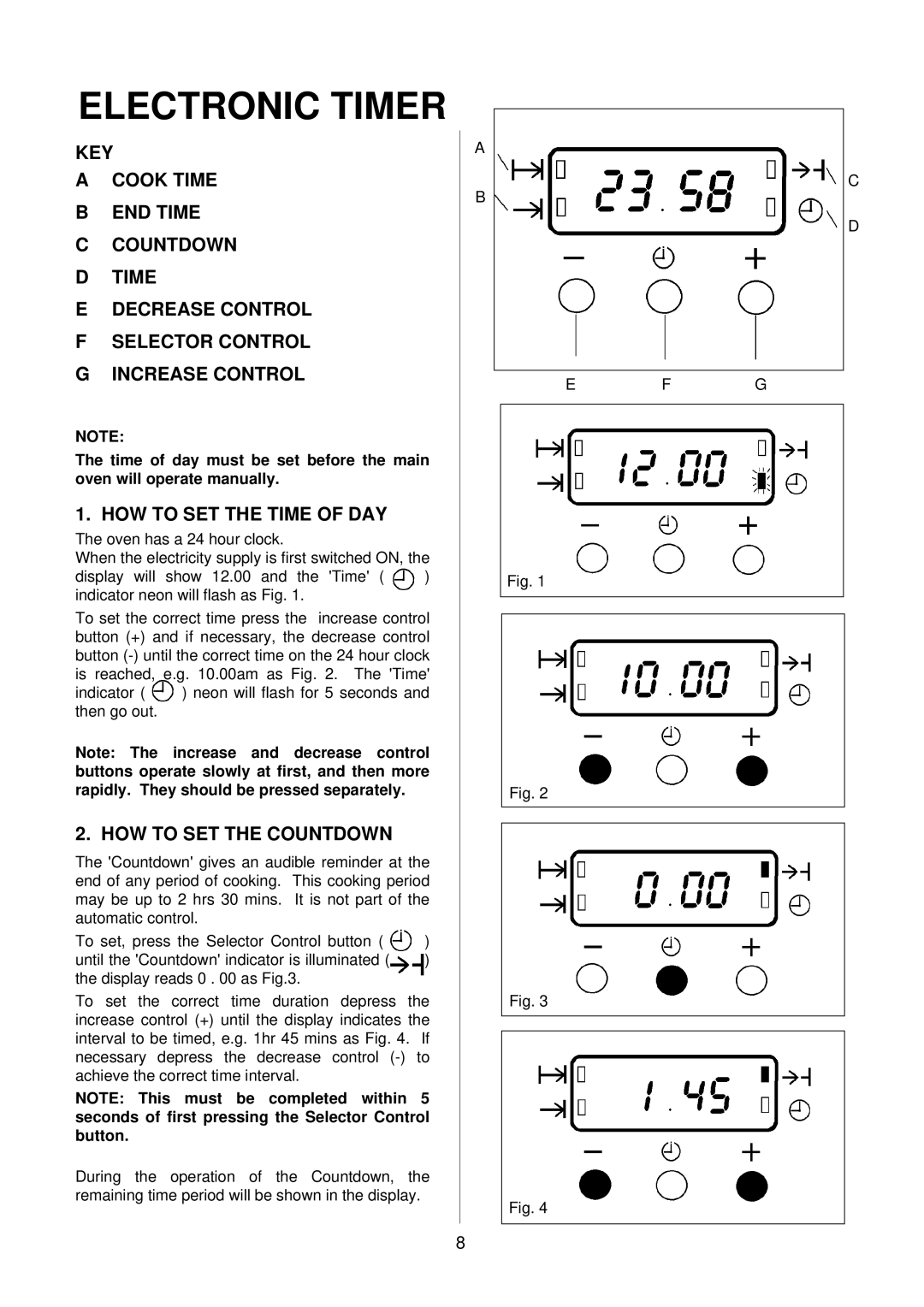 Electrolux D2160-1 operating instructions Electronic Timer, HOW to SET the Time of DAY, HOW to SET the Countdown 